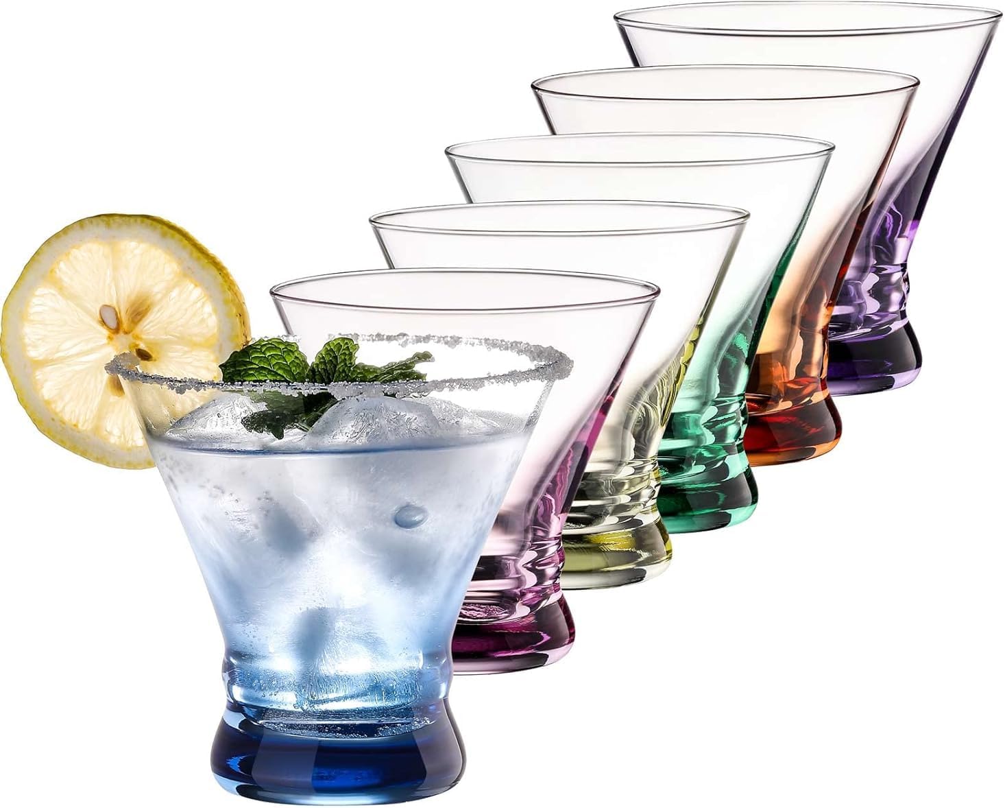 Martini Glasses Set of 6, 8 oz Stemless Glasses, Ideal for Bar and Home Use, Perfect for Cocktails and Wine (Colorful)