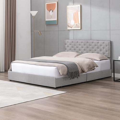 Miniatura 7 de Mjkone Base de cama de tamaño matrimonial con 4 cajones de almacenamiento, plataforma tapizada con cabecera ajustable y tela de lino de algodón,