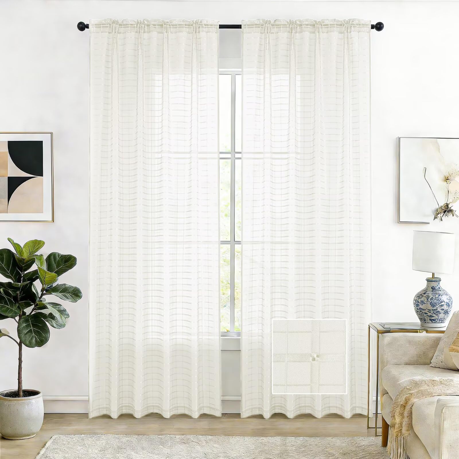 SpaceDresser Check Sheer Curtains 108 Inches Long for Living Room, Rod Pocket Plaid Semi Sheer Drapes for Kitchen Bedroom(Ivory, 52W x 108L) — image 1