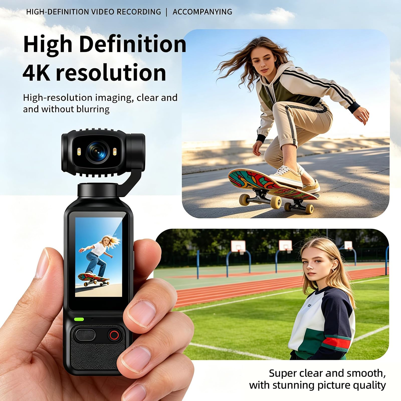 Videocamera per vlogging 4K HD da 1,97 pollici, videocamera gimbal tascabile portatile, riprese multi-angolo a 180° per ciclismo, viaggi, sport, equitazione e attività all'aperto,Black-134*42*31mm