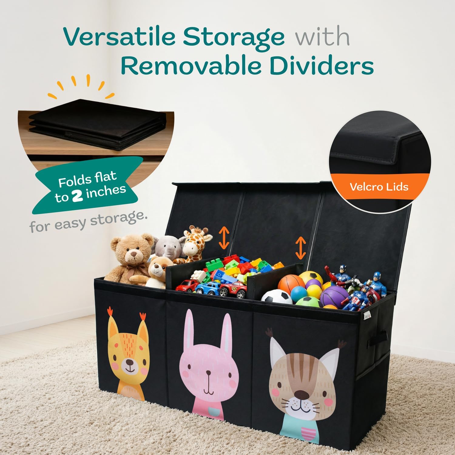 SoftOwl Extra Large Toy Storage Organizer with Lid - Sturdy, Collapsible Toy Chest Storage Box with Cute Design - Toys Bin with Dividers for Kids, Boys, Girls, Nursery, Bedroom, Play room 37"x16"x14"