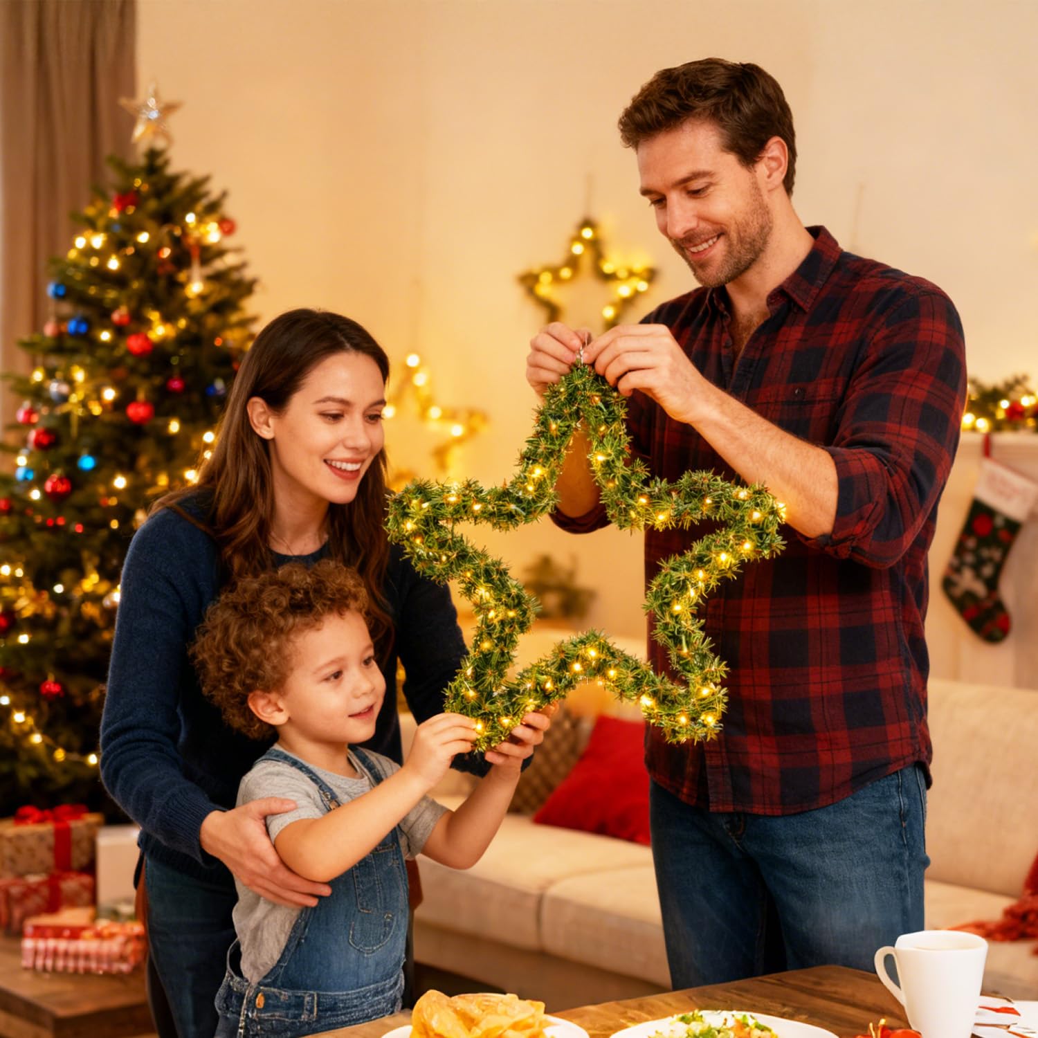 SALCAR Premium Weihnachtsstern 55 cm aus PVC mit 240 Zweigen & warmweißem LED Lichterkette – Festliche Weihnachtsdeko für Tür, Kamin, Balkon oder Garten, batteriebetrieben
