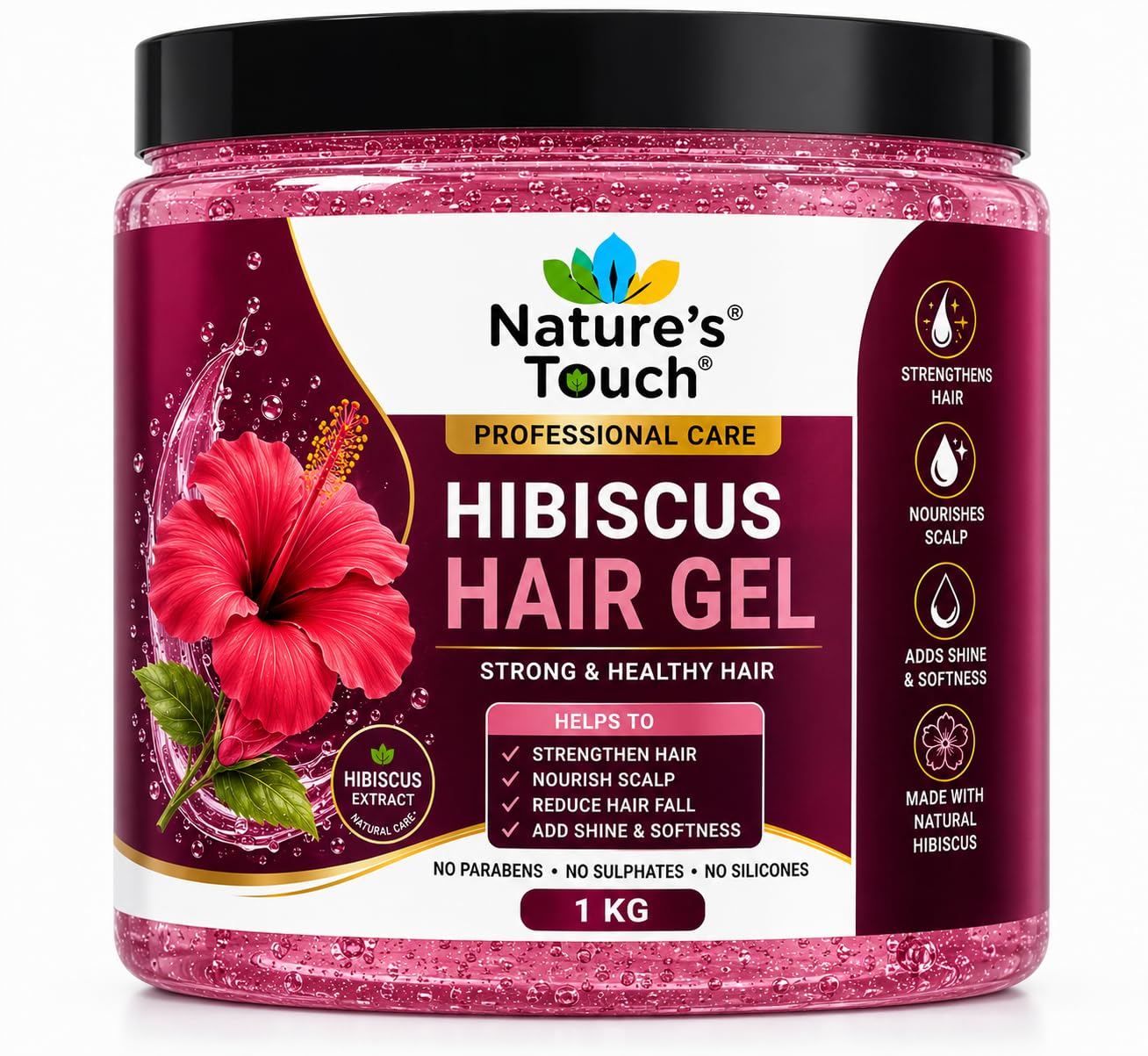 Nature's Touch Hibiscus Hair Gel | Strong Hold Hair Styling Gel | Non-Sticky Formula | Adds Shine & Controls Frizz | For All Hair Types | 1 Kg.-image-35