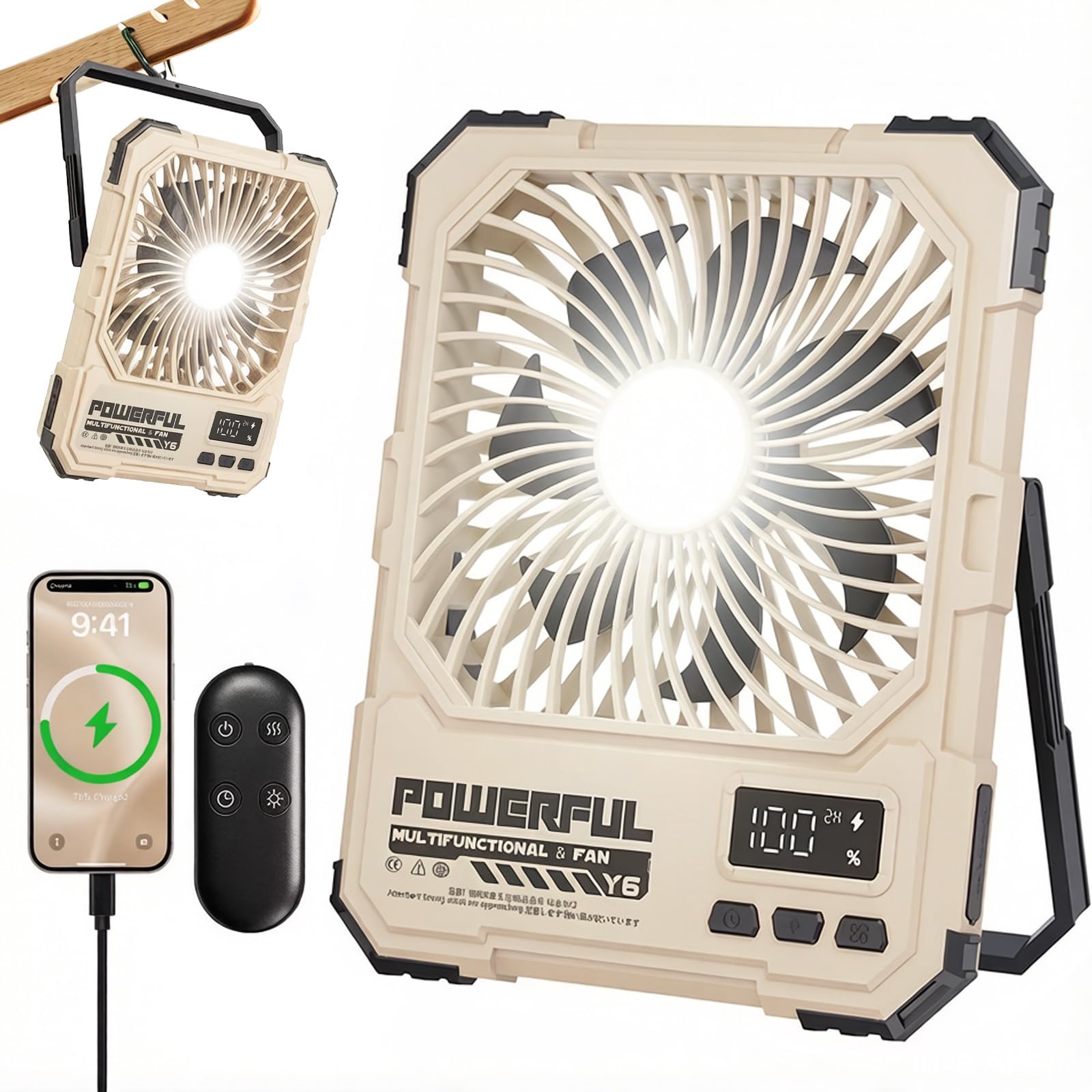 Vurlexat Portable Camping Fan with Light, 20000mAh Battery Powered Rechargeable Desk Fans with Power Bank, Ultra-Slim Powerful Speed Fan 72H Runtime with Hook for Outdoor, Tent, Travel(Khaki)