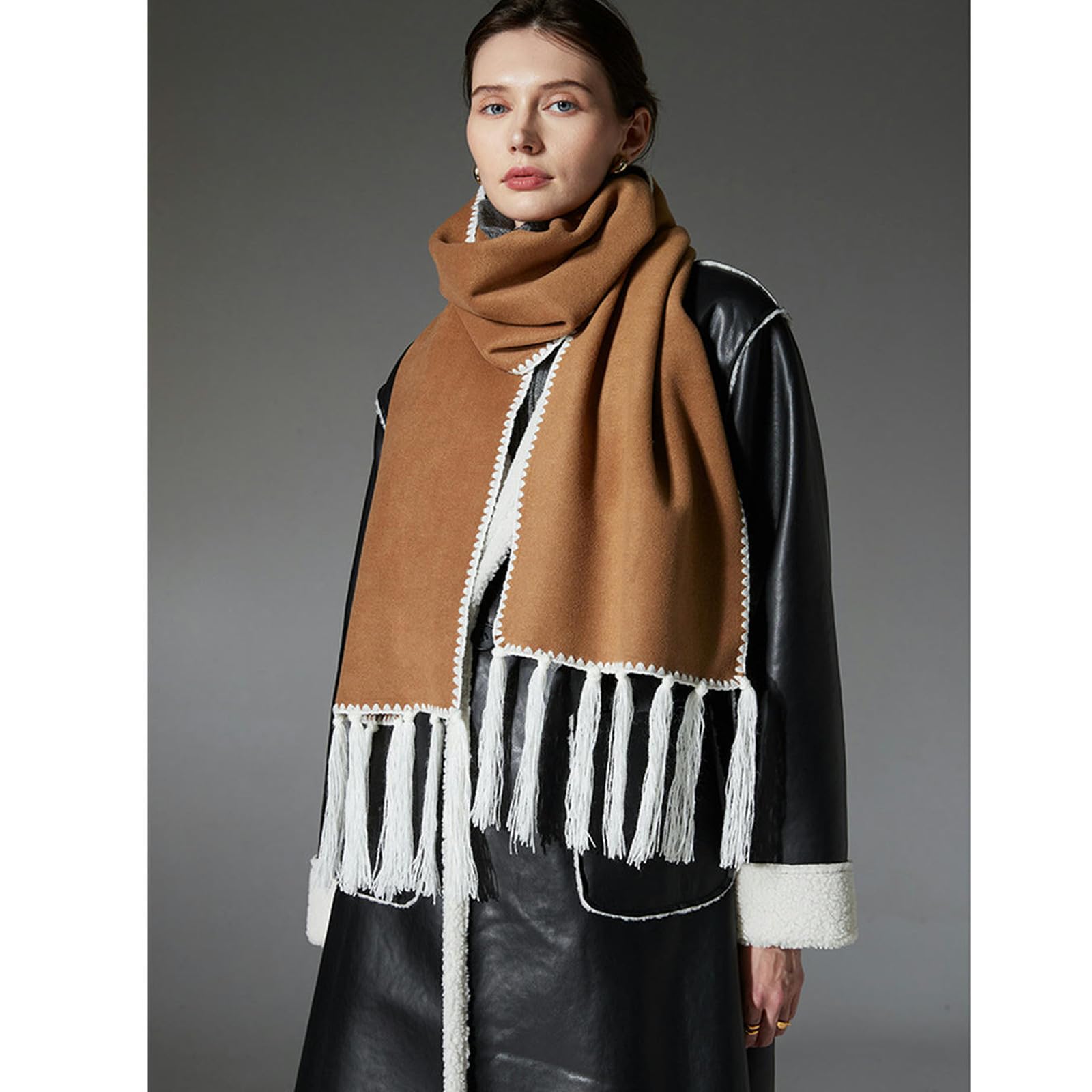 Sciarpa Donna Sciarpa di Nappe A Doppia Faccia Autunnale E Invernale per Donne, Scialli Morbidi E Caldi E Adatti alla Pelle E Avvolge Il Regalo di Natale Idear-cachi-30 * 190 Cm