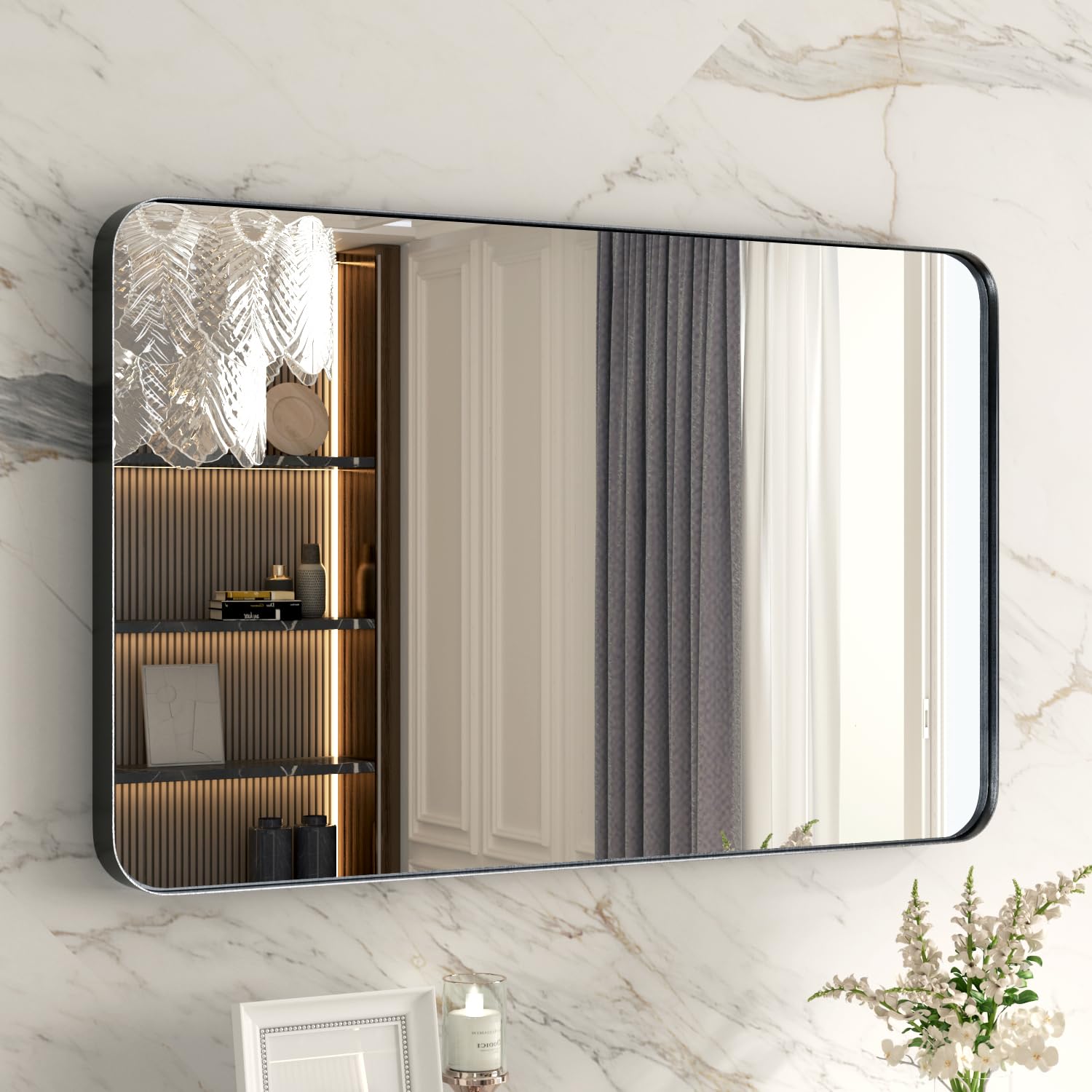 JENBELY 40x30 Inch Black Bathroom Mirror, Brushed Metal Framed Rectangle Mirror with Rounded Corner, Black Bathroom Vanity Mirror for Bedroom or Living Room, Horizontal/Vertical