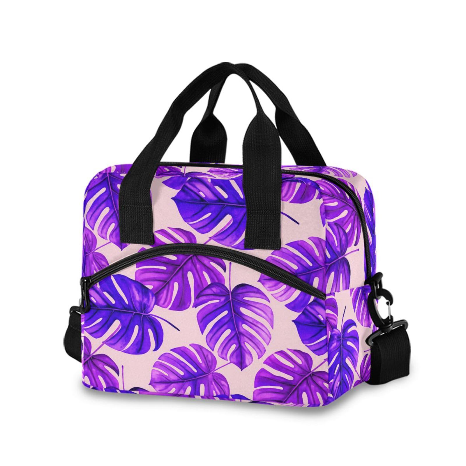 Sinestour Insulated Lunch Bag Reusable Cooler Purple Palm Leaves Lunch Box Adjustable Shoulder Strap for Office Men Women
