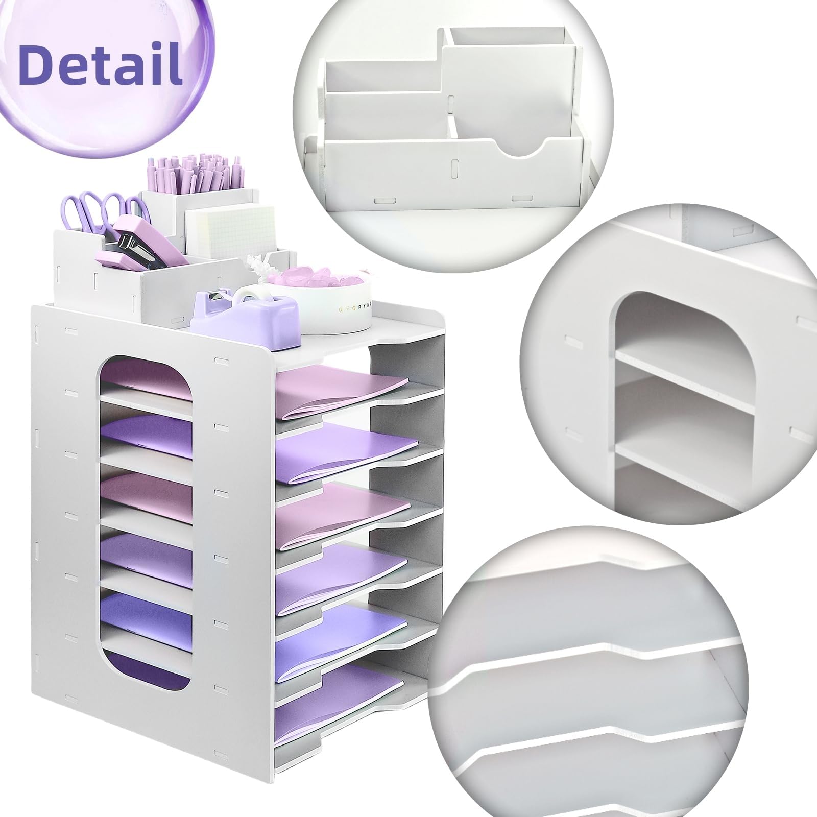Briefablage Organizer, A4 Papier Ablagefächer, 7-stöckiges Büro Aktenablage, Schreibtisch Datei Tidy Organizer mit stapelbarer Ablage Schreibtisch Papier Organizer mit Stifthalter (weiß)