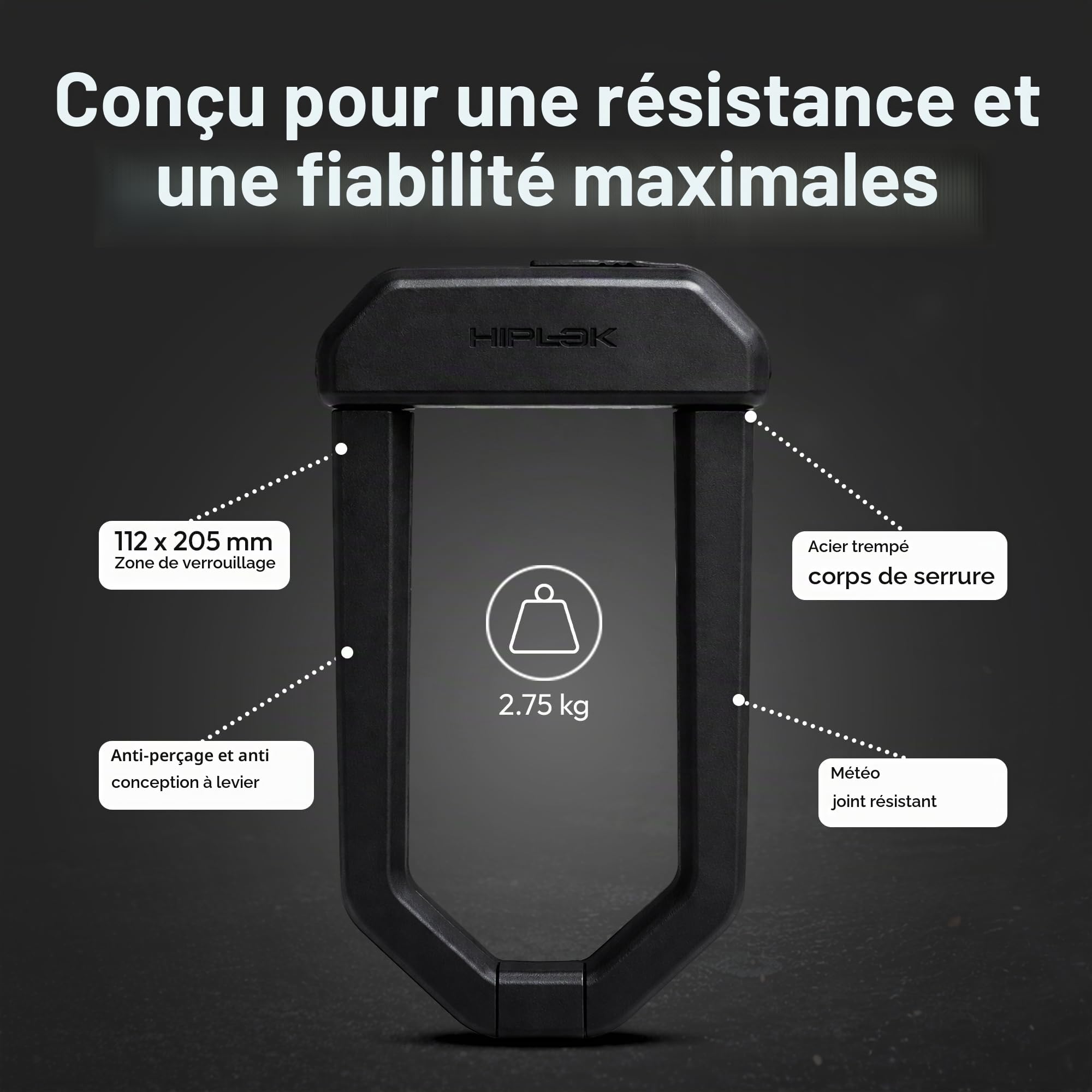 Hiplok D1000, Antivol en U, Unisex, ALL BLACK, Zone de fermeture : 15,5 cm x 9,2 cm