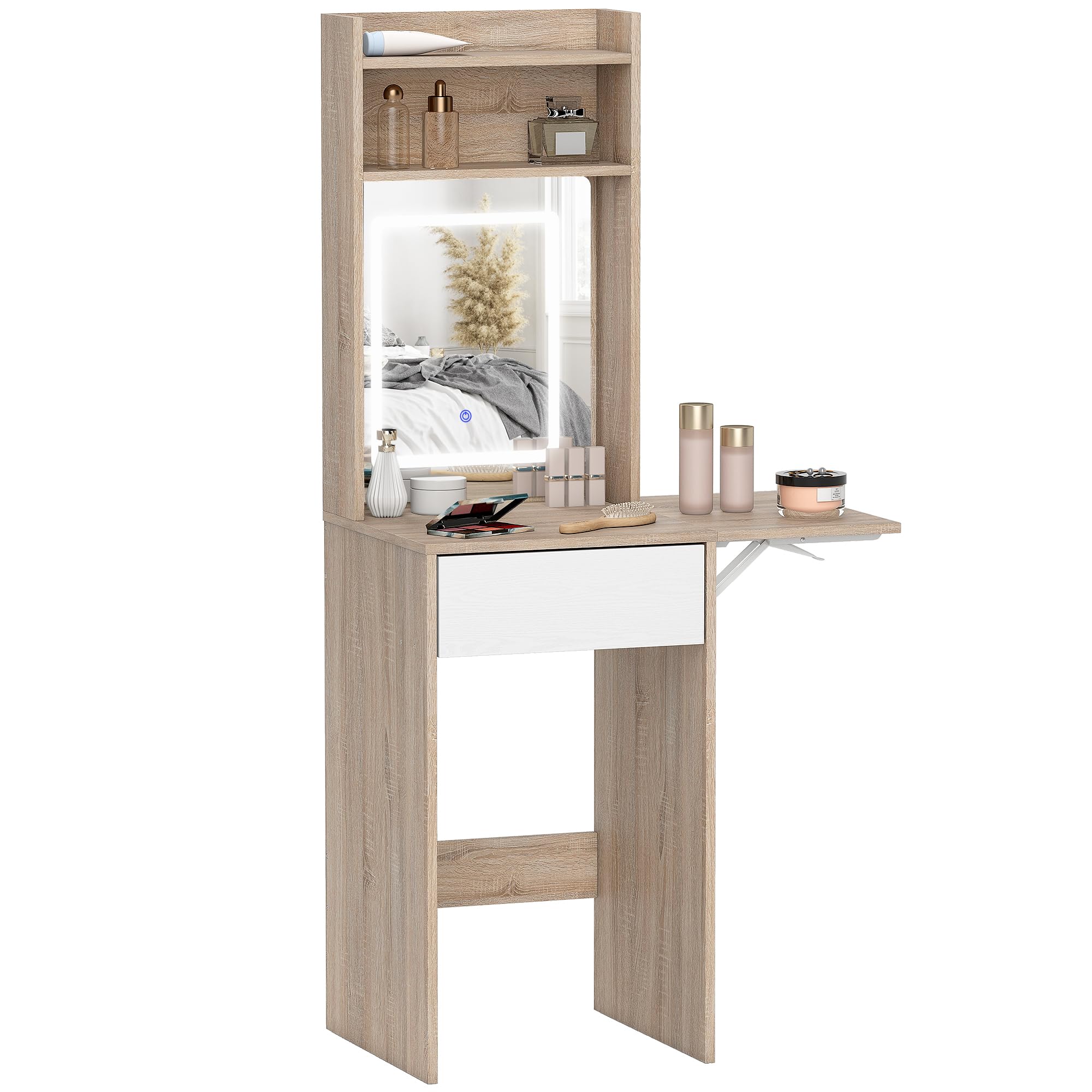 HOMCOM Small Dressing Table with Mirror LED Lights Natural Wood