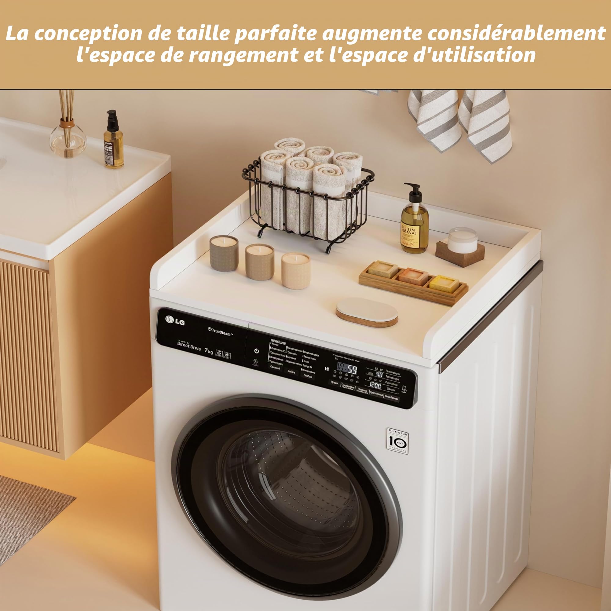 MSFE Comptoir pour Lave Linge 61 x 60 x 7 cm, Plan de Travail pour Machine à Laver, Housse de Machine à Laver pour Rangement Aménagement Buanderie, Protégez le dessus de la machine à laver