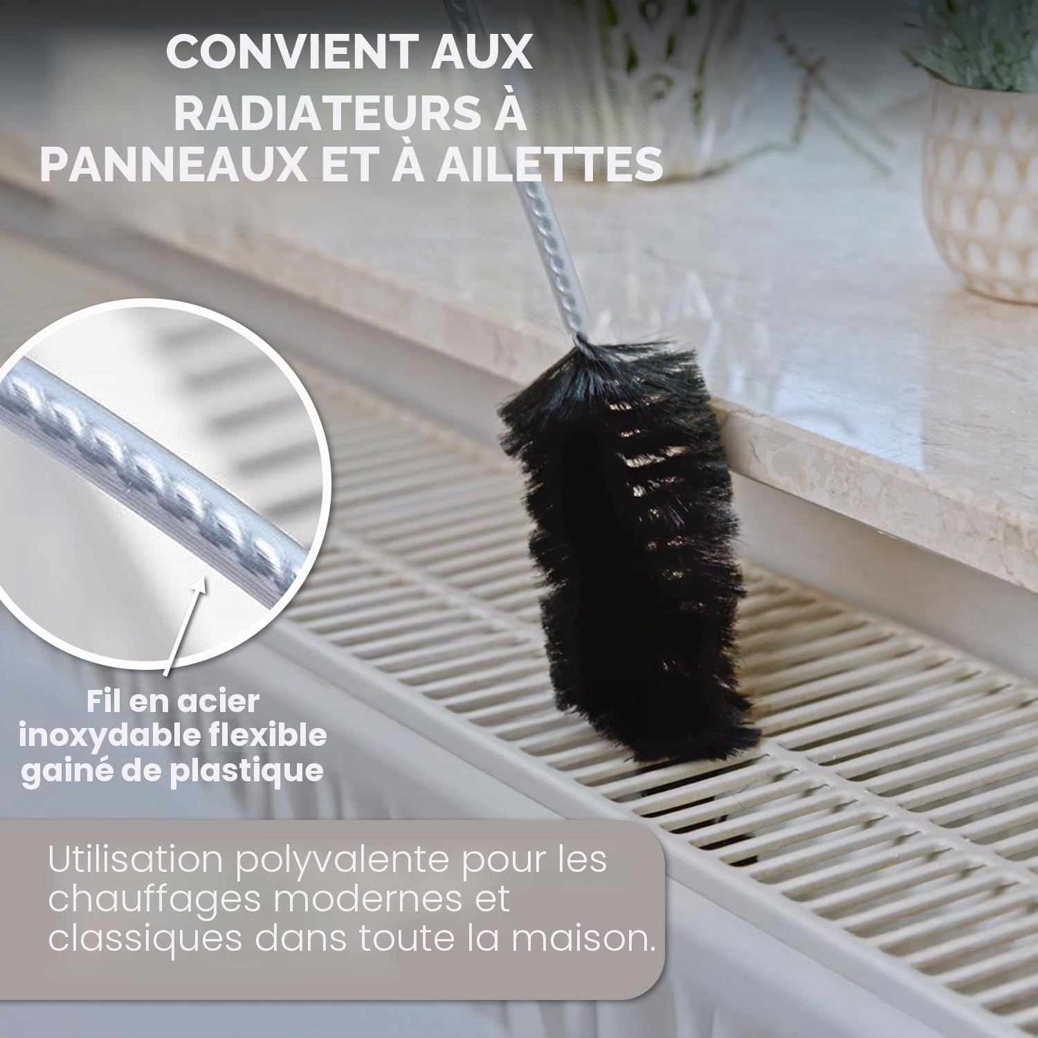 Brosses pour Radiateur - 2 pièces - 120 cm - Brosses Dépoussiérantes de Chauffages avec Poils de Chèvre - Idéale Panneaux Chauffants