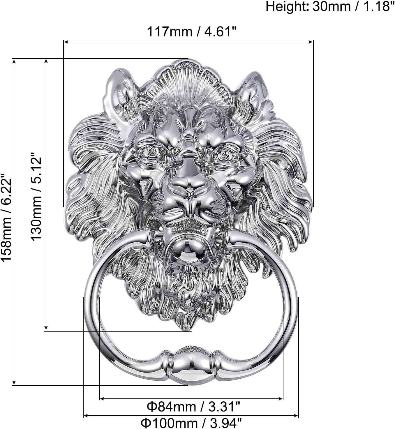 uxcell 4 Pcs Lion Head Pulls Knob, 6 Inch Zinc Alloy Vintage Lion Door Handle Decorative Front Door Knob Ring Pull Handle for Gate Cabinets Drawers, Silver