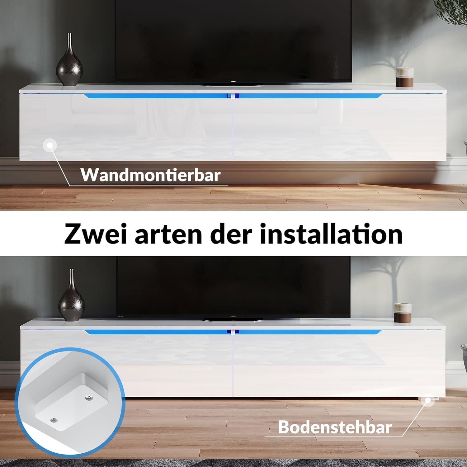SONNI TV Schank, Lowboard Weiß Hochglanz hängend 180x35x30cm mit LED-Beleuchtung(12 Farben können eingestellt werden), Griffloses Design, TV Board, Fernseherschank, Fernsehtisch, TV-Regal. GTV009W-180
