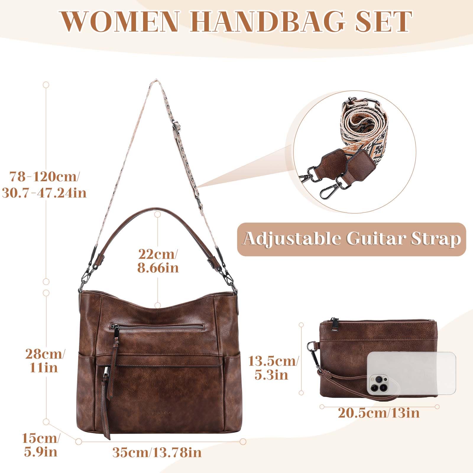 VASCHY Torba hobo dla kobiet, średnia wegańska skórzana torebka na ramię, portfel, zestaw, torba na ramię z paskiem do gitary crossbody,