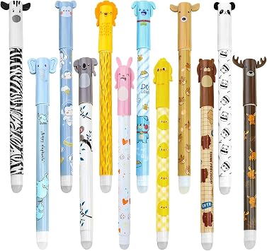 12 PCS Erasable Animal Pens, 0.5mm Rub out Pen Set with Rubber Eraser - Cute Animal Design Blue Erasable Gel Pens for School Writing, Kawaii Stationery Supplies for Kids Girls Boys Adults