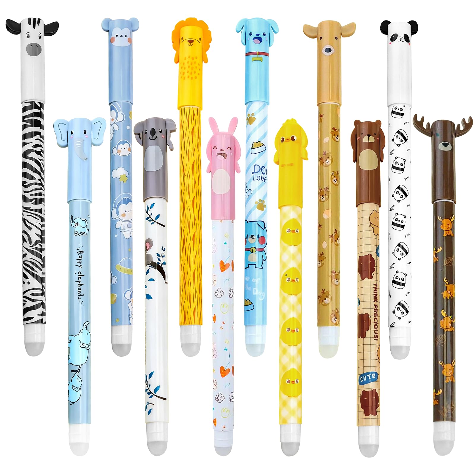 12 PCS Erasable Animal Pens, 0.5mm Rub out Pen Set with Rubber Eraser - Cute Animal Design Blue Erasable Gel Pens for School Writing, Kawaii Stationery Supplies for Kids Girls Boys Adults