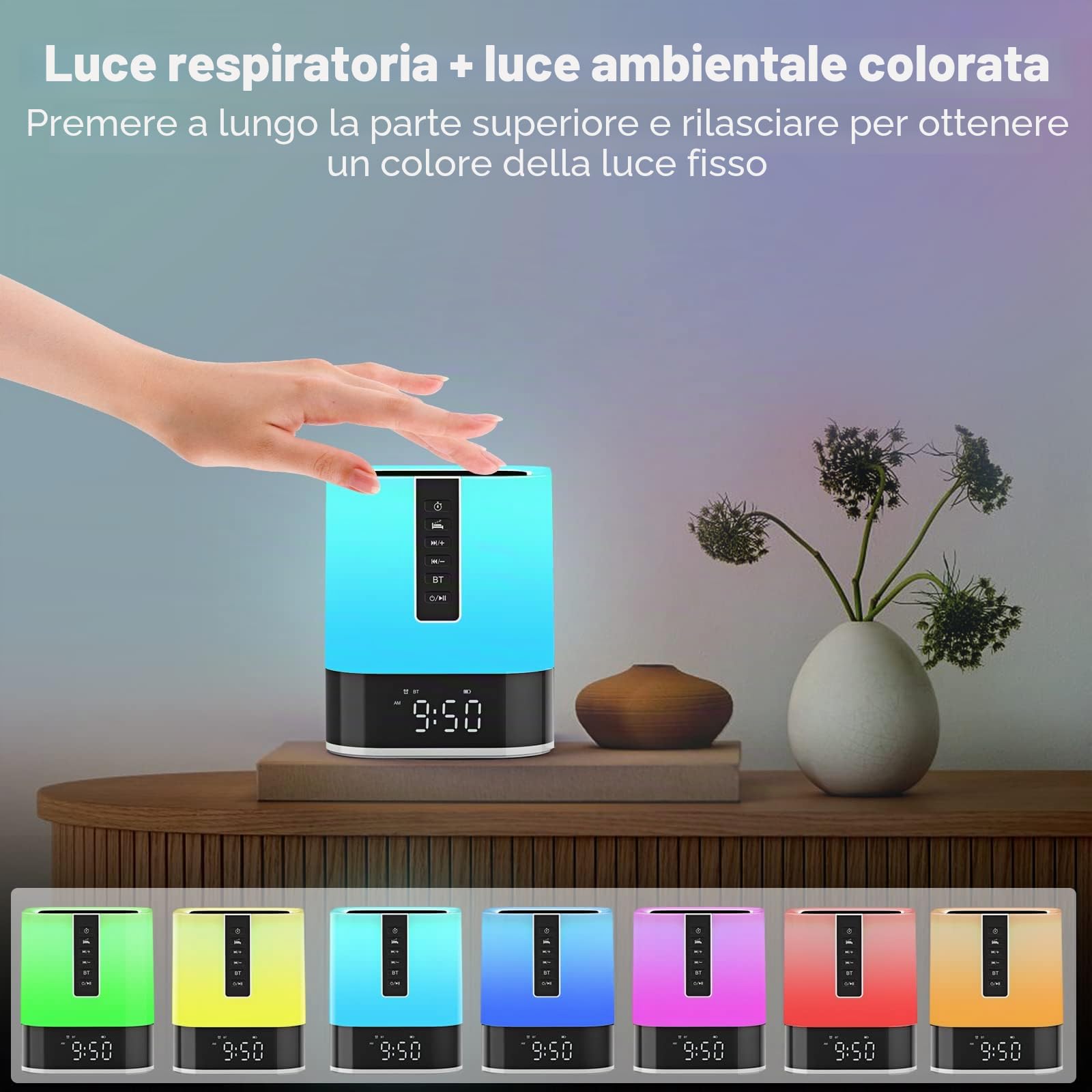Altoparlante Bluetooth con luce notturna, sveglia digitale, lampada da comodino con sensore touch, macchina per il rumore bianco
