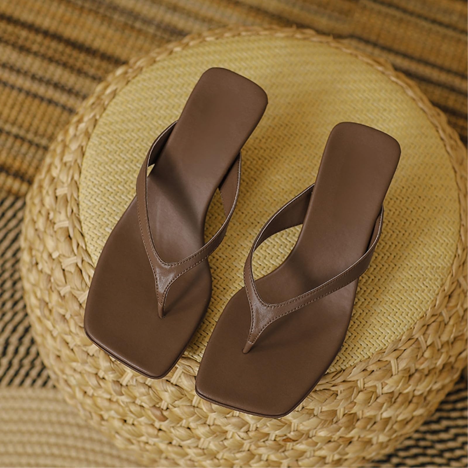 Pantuflas Mujeres Gatito Tacón Chanclas, Pie Cuadrado Zapatos De Verano Cuero Suave Correa Fina Tanga Sandalias, Bajo Confort Playa Casuales