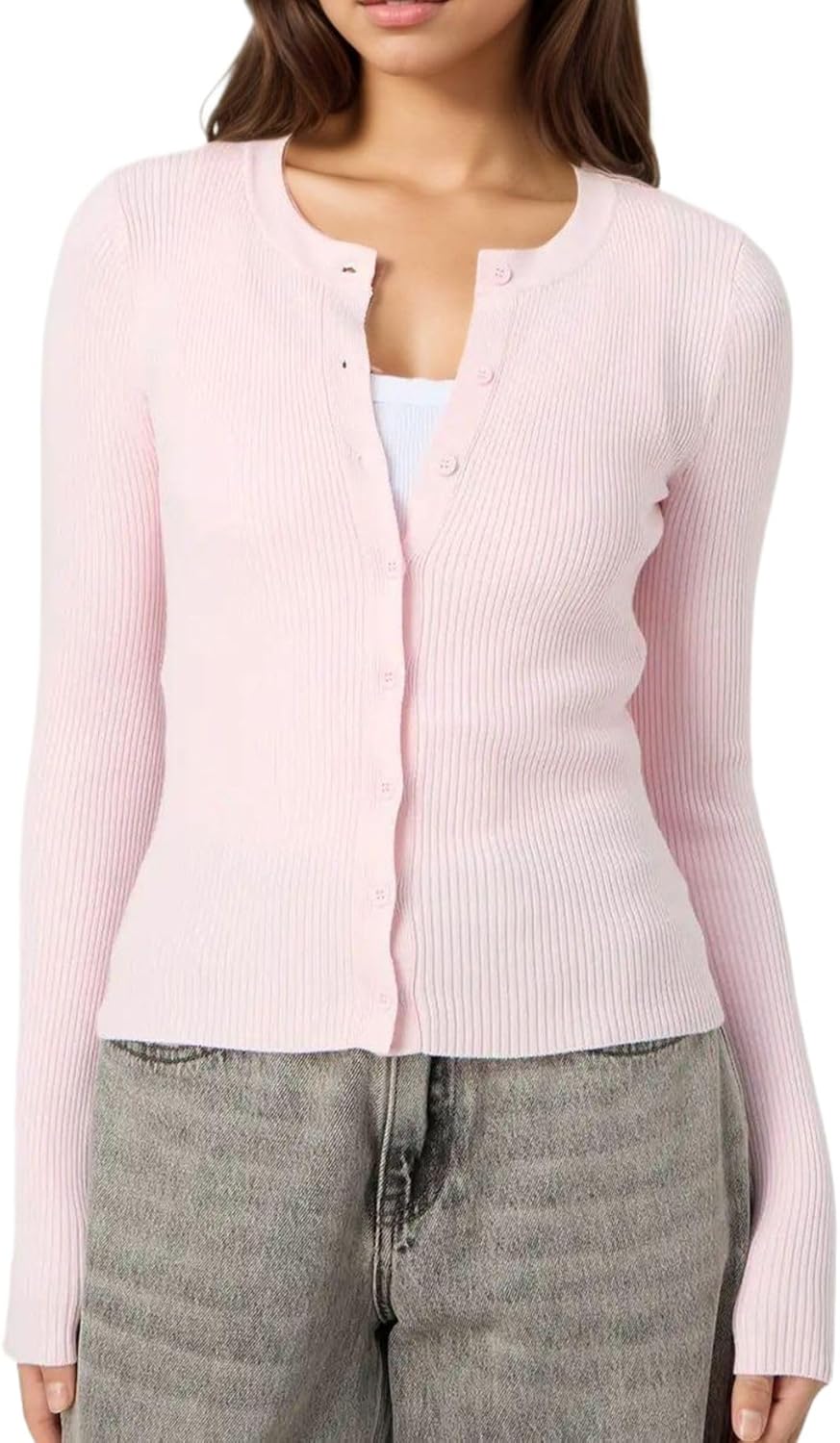 Cioatin Women Long Sleeve Button Up Ribbed Knit Crop Cardigan Y2K Slim Fit Round Neck Sweater Tshirt Fall Going Out Tops