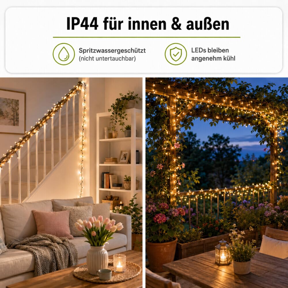 LED Universum Lichterkette Außen 80 m, 1000 LEDs warmweiß 2800 K, IP44 spritzwassergeschützt, mit Stecker 230 V, 3 m Zuleitung, für Garten, Balkon & innen