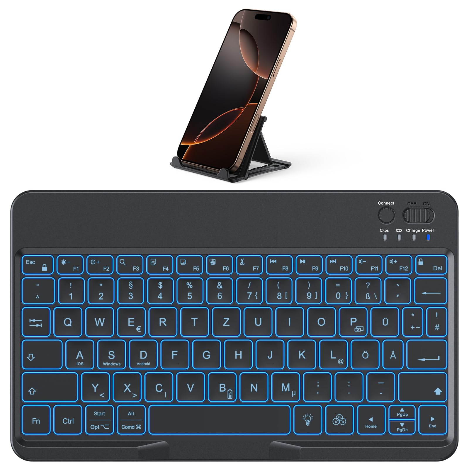 OMOTON Bluetooth Tastatur für iOS/Android/Windows mit Telefonhalter, iPad Tastatur mit Hintergrundbeleuchtung, Wiederaufladbar, QWERTZ, Vergrößerte Tastenkappen, Tragbare Kabellose, Ultra-dünn