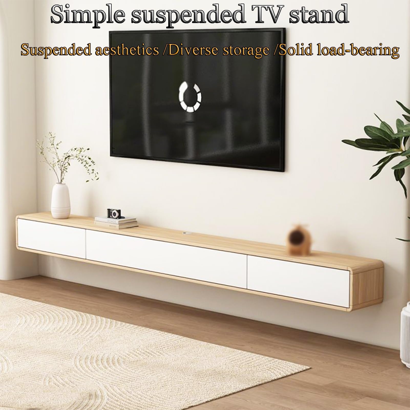 Minimalistyczny pływający stojak na telewizor do salonu z suszarką i drzwiami Stora pasuje do różnych rozmiarów telewizora (biały 240 cm/94,4 cala) - nowoczesne domowe rozwiązanie futrzane