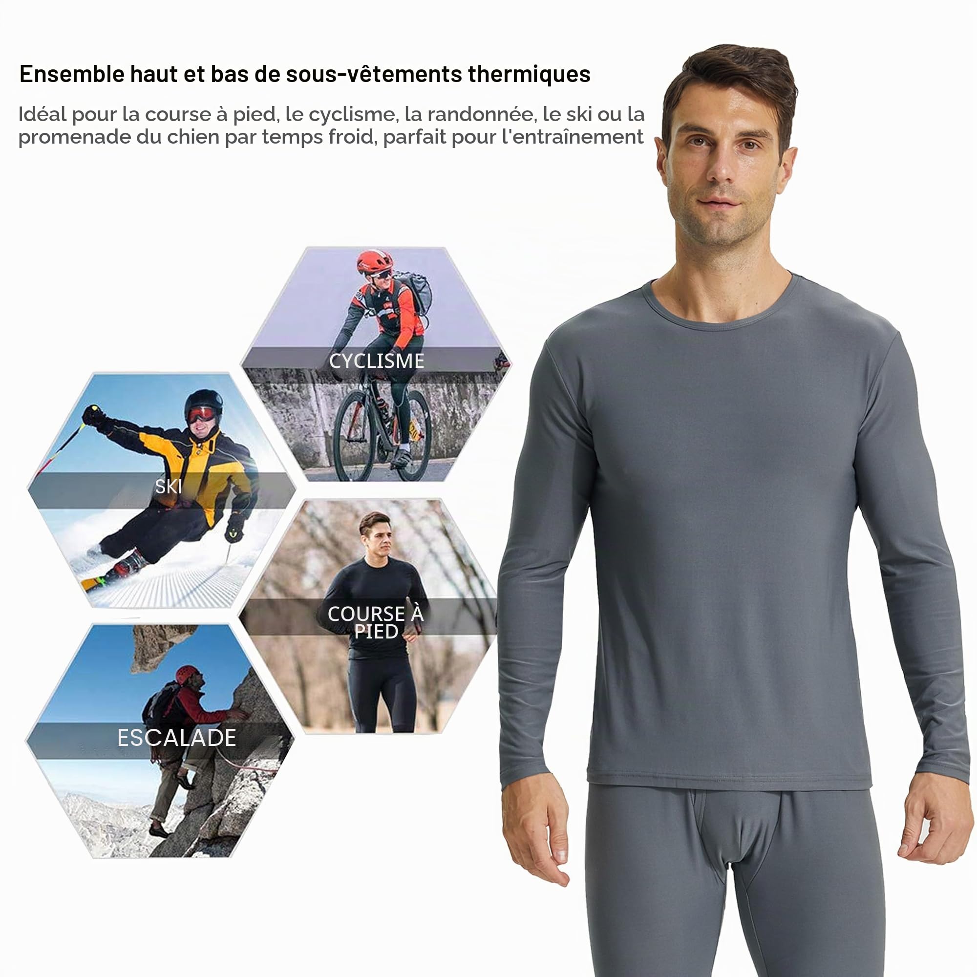 Lot de 2 Hauts Thermiques Homme Hiver Maillot de Corps Polaire à Manches Longues et Col Rond sous-vêtement Chaud Ultra Doux pour Ski Running Cyclisme