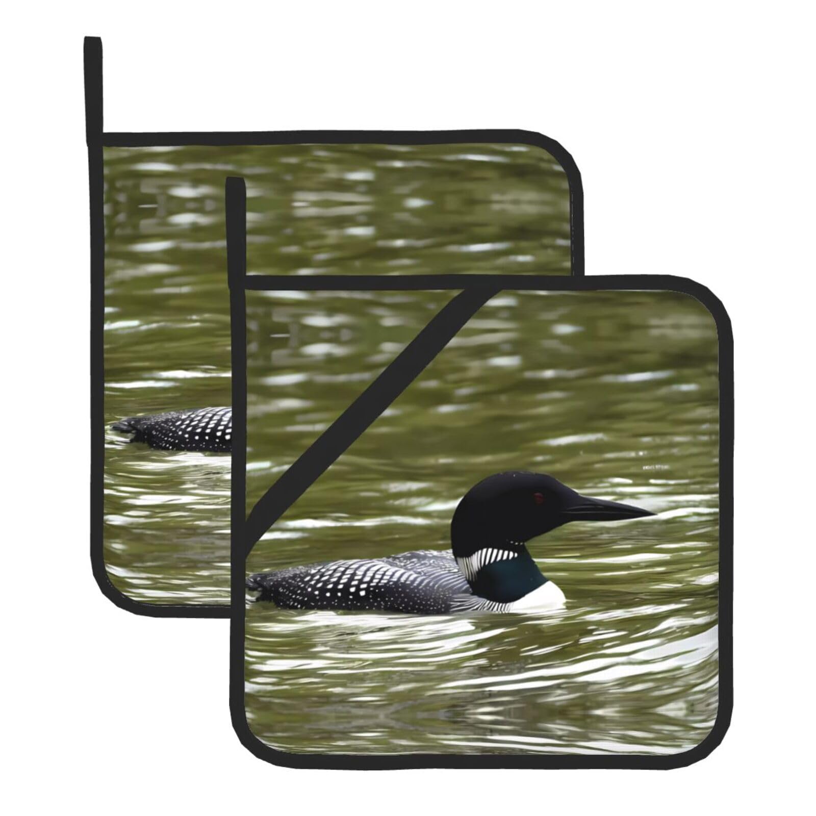 WHJDPP Loon Nature Bird Prints Square Hot Pads for Kitchen - Waterproof Pot Holders Set of 2, Durable Trivets with Pocket & Hanging Loop for Hot Dishes & Oven Use