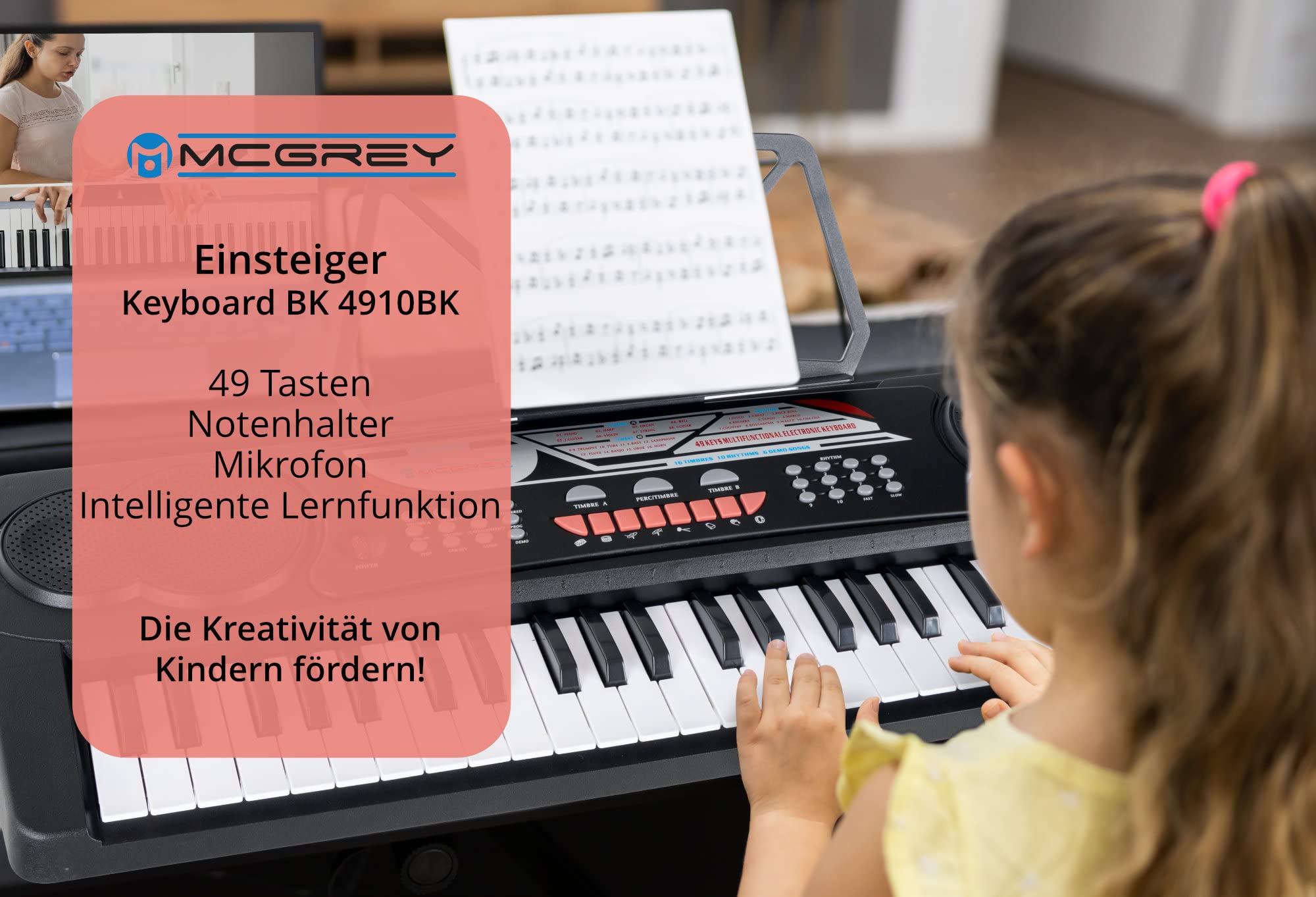 McGrey BK-4910BK Set Keyboard per principianti - 49 tasti, 16 suoni, 10 ritmi, 8 suoni percussivi e 6 demo - incl. microfono, leggio e cuffie - nero