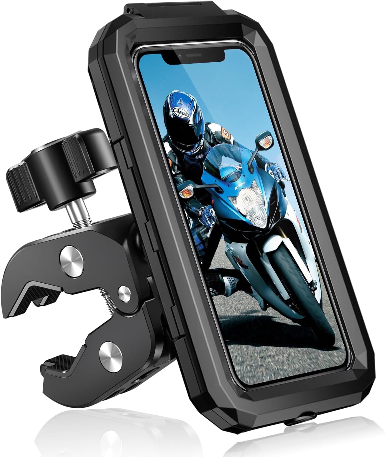 Motorbike Phone Holder Waterproof Motorcycle Phone Mount 360° Rotation Bicycle Handlebar Phone Holder Anti Vibration Moped Mobile Phone Mount with Touch Screen for 5.5" to 7.0" Smartphone