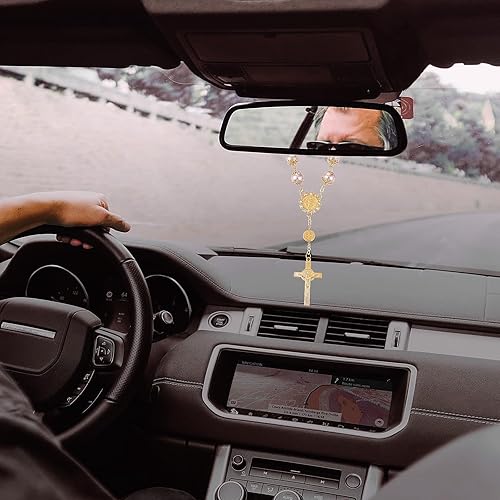 Miniatura 7 de Cobee Rosario para automóvil, rosario cruzado de 2 piezas, colgante de espejo retrovisor, accesorios para colgar en el automóvil, decoración