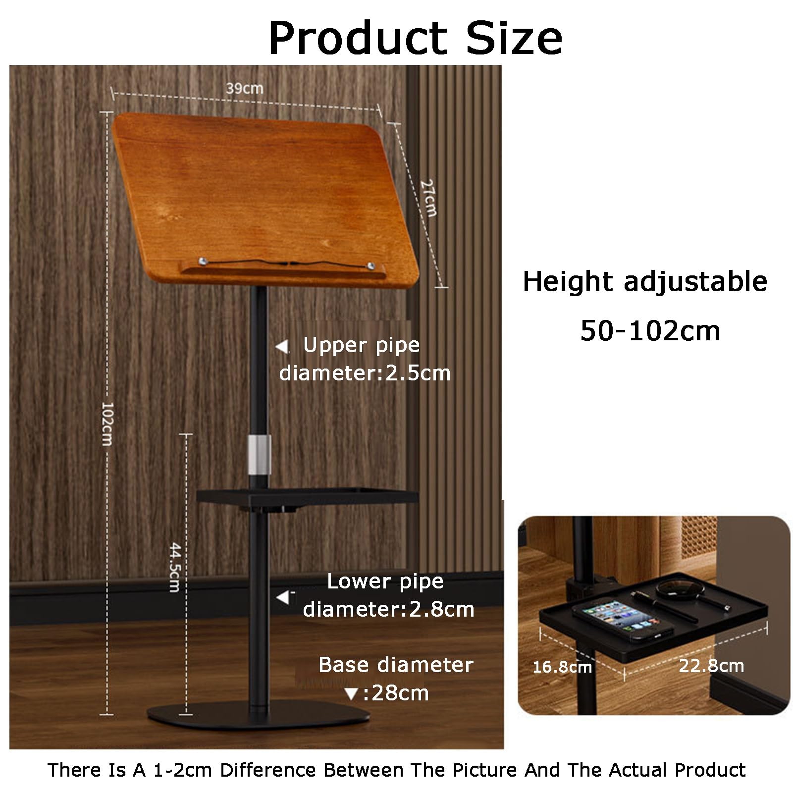 Generico Supporto da Pavimento Regolabile per Libri, Pannello 39x27 cm, Vassoio 16,8x22,8 cm per Ricette, Libri di Testo e spartiti Musicali, Altezza 50-102 cm, Perfetto per casa e Ufficio.