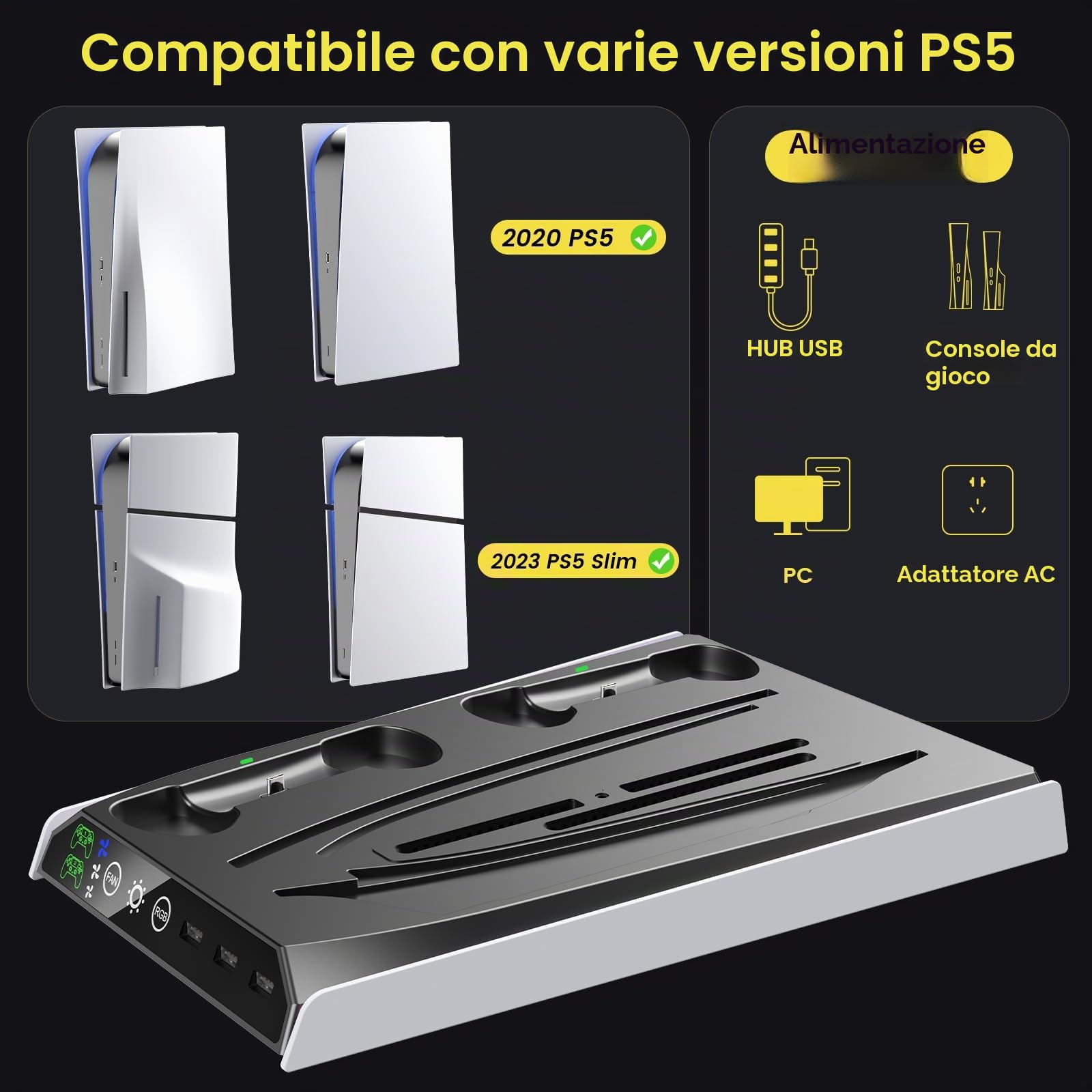 Fenolical Supporto PS5/Slim/Pro con Ventola di Raffreddamento Regolabile, Supporto Verticale per Caricabatterie PS5/Slim/Pro, Stazione di Raffreddamento Multifunzionale PS5 Slim con Caricabatterie