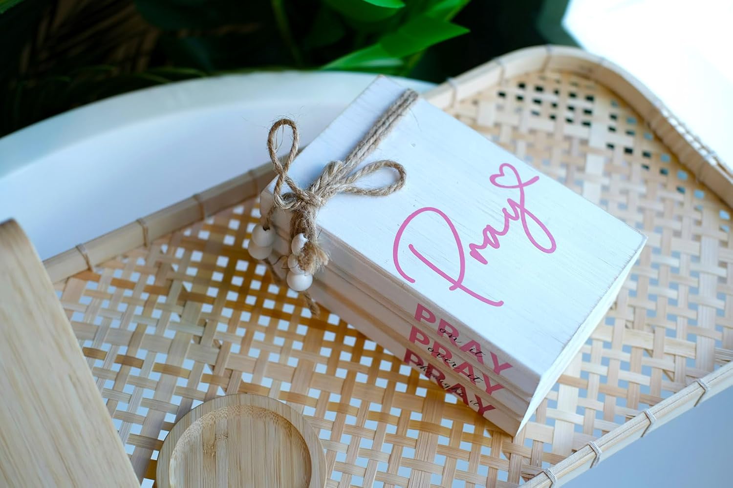 LIVDUCOT Pink Wood Book Stack Pray Christian Home Decor for Women - Wooden Block Sign Table Decoration - Inspiration Prayer Office Decor Religious Gift