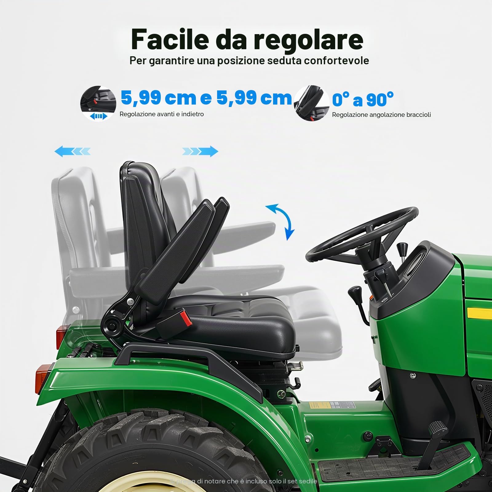 Sedile trattore universale con braccioli e cintura di sicurezza, schienale regolabile a 35 – 180°, portata 100 kg, per tosaerba, trattori, escavatori