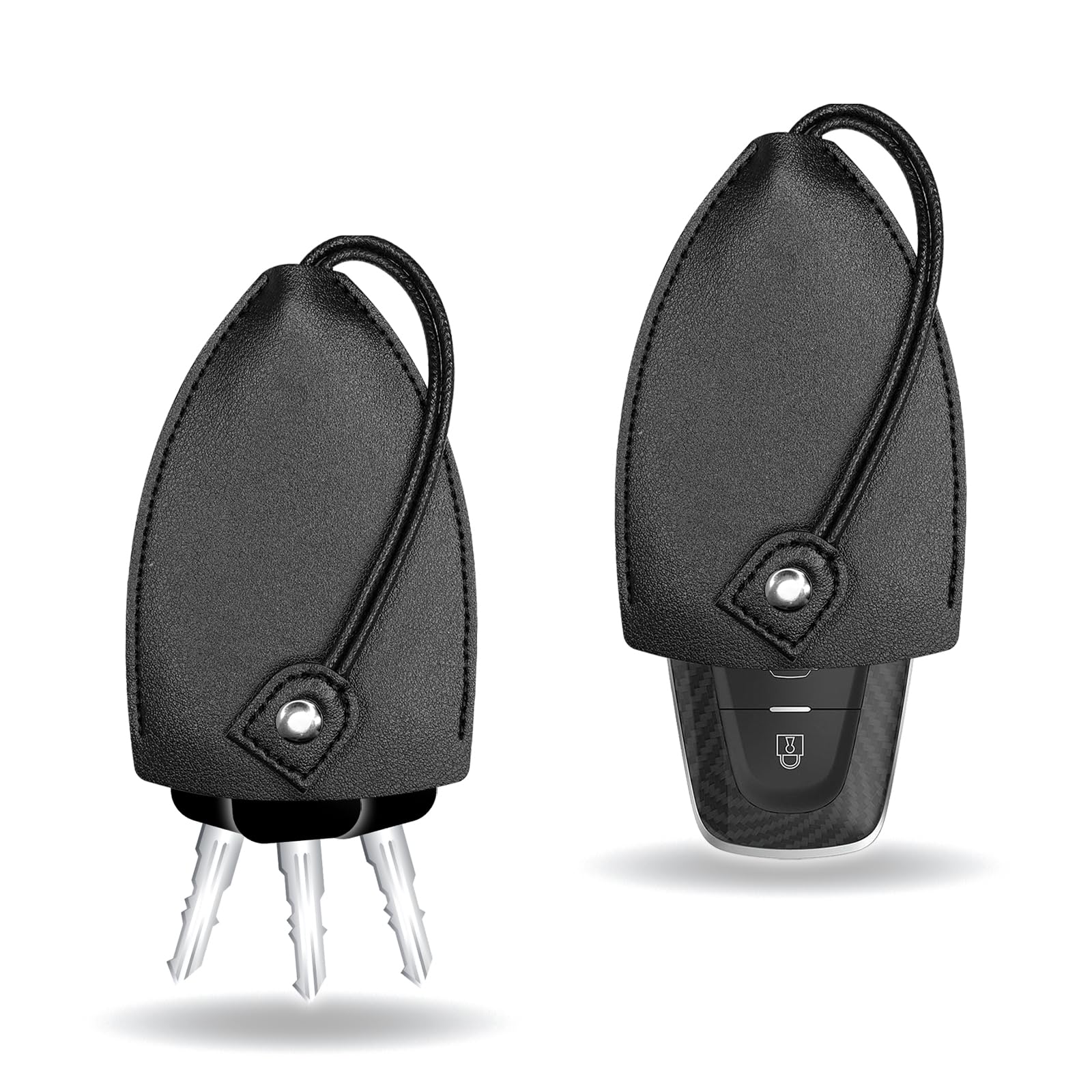 2PCS Creative Pull-Out Key Case Cover, Leather Large-Capacity Key Sleeve Keychain Bags, Cute Protector Car Key Fob with Holder Hook (Black)