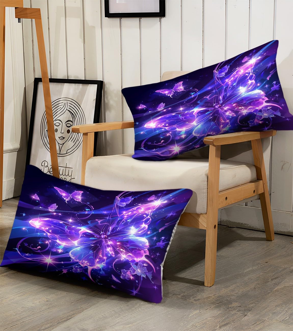 Zestaw pościeli 200 x 200 cm, sztuka marzeń świecący motyl poszewka na kołdrę, fioletowy, rozmiar king size, 3-częściowy mikrofibra, ultramiękka, oddychająca poszewka na kołdrę z poszewką na poduszkę,