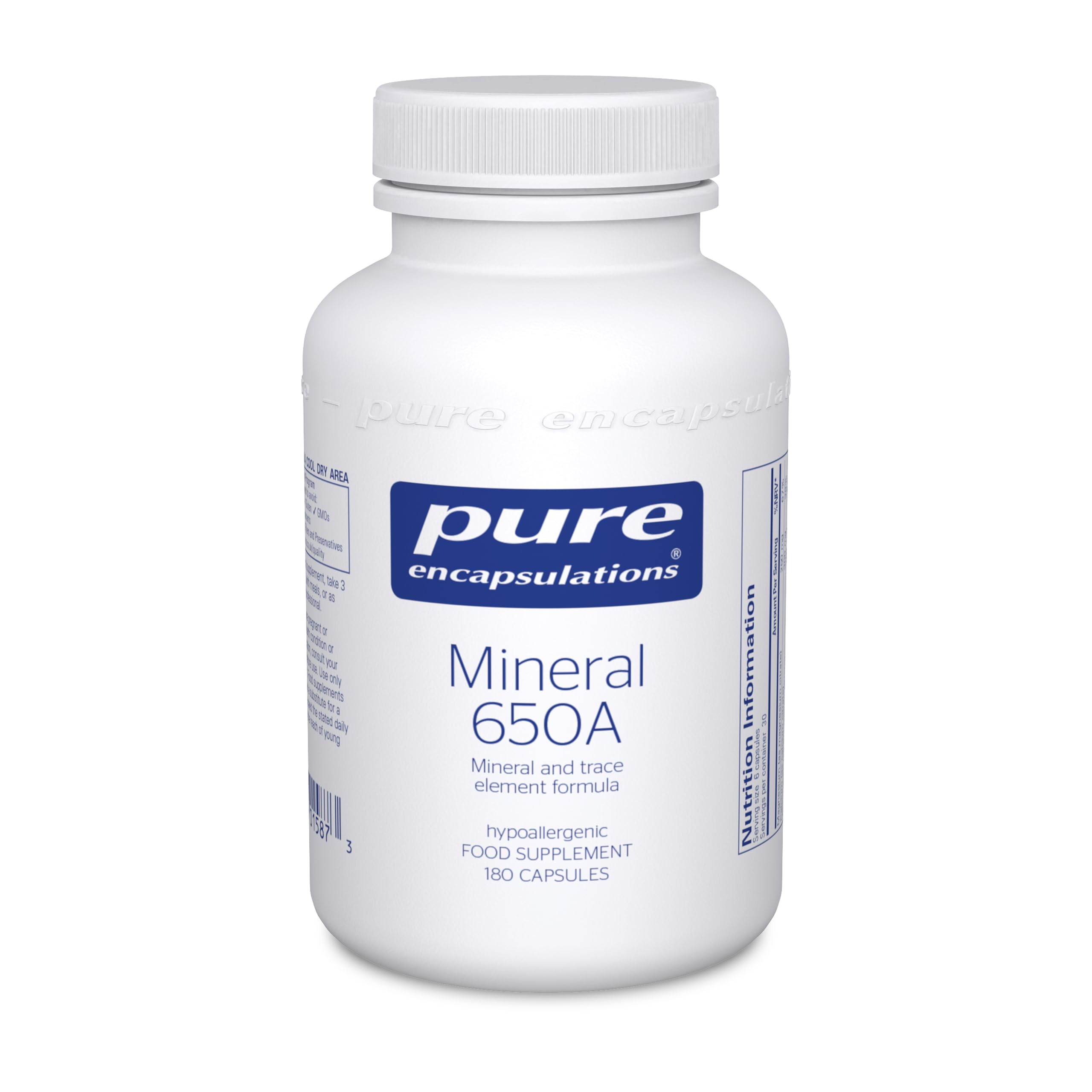 Mineral 650A - with Calcium, Magnesium, Iron, Iodine, Selenium & Zinc - Hypoallergenic Mineral and Trace Element Formula - 180 Capsules