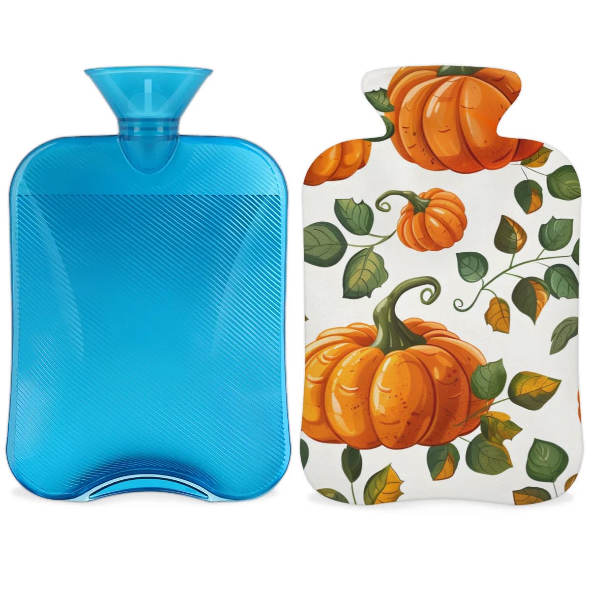 Hot Water Bottle with Soft Cover,2L Thanksgiving Pumpkins Hot Water Bag for Hot and Cold Compress, Hand Feet Warmer, Maple Leaf Pumpkin Rubber Hot or Cold Water Bottle Halloween Christmas Decorations