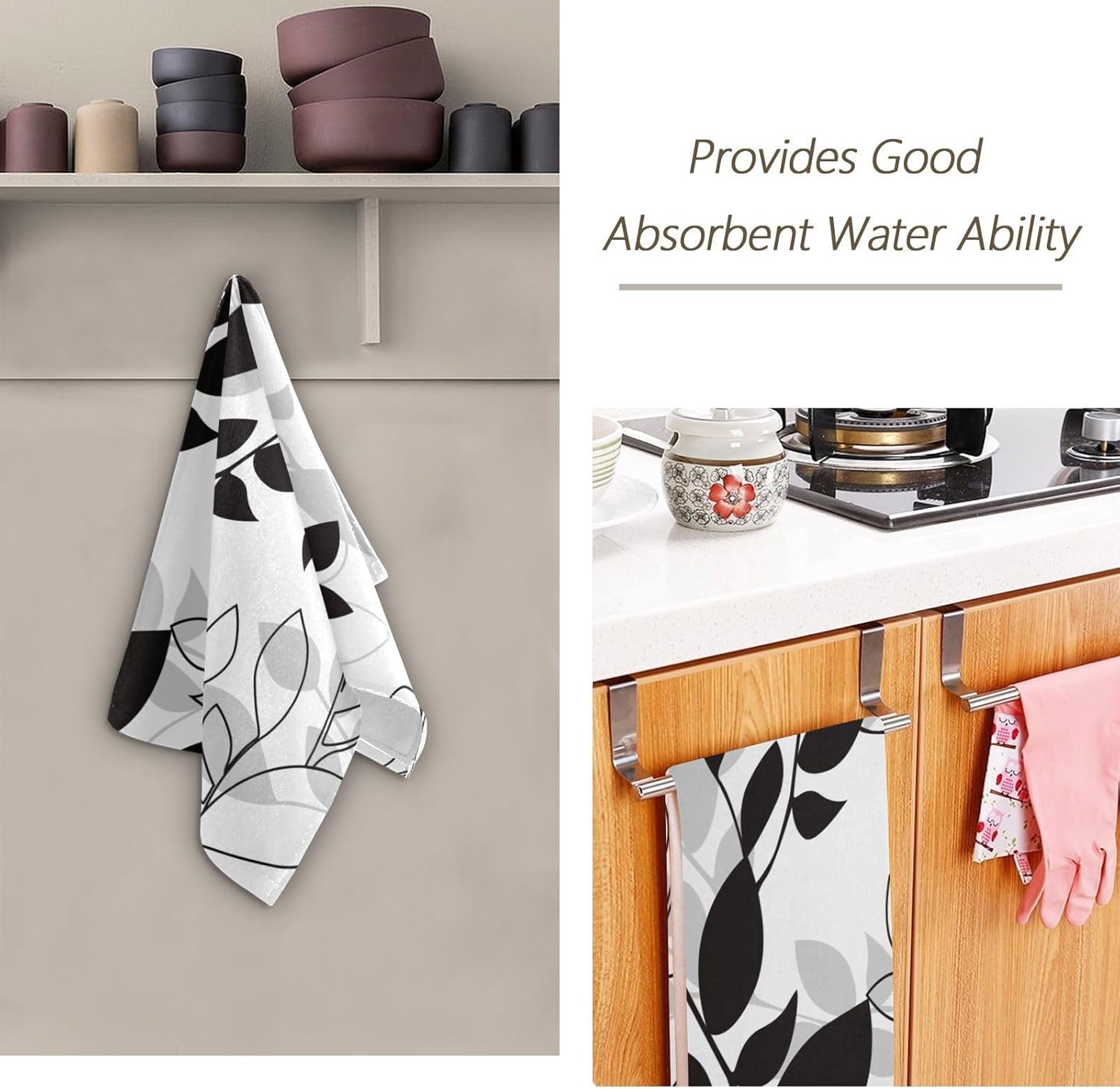 Black and Grey Leaves Hand Towels for Bathroom Set of 2 Microfiber Aesthetic Abstract Botanical White Leaf Plant Kitchen Dish Towels Decorative Bathroom Towels for Bath Guest Shower 14"x28" - Image 7