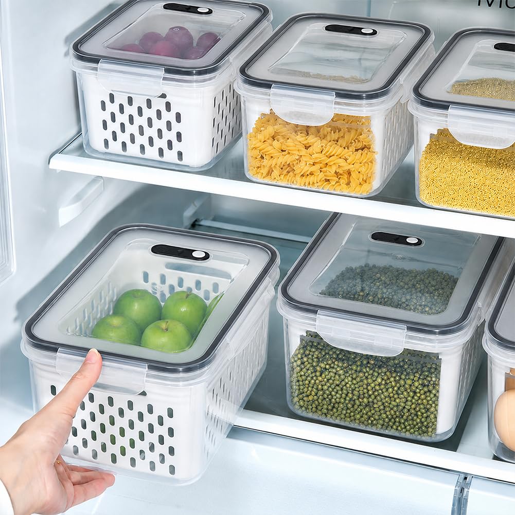 Contenitori per Frutta da Frigo, Set 3/4 Pezzi con Cestello Scolapasta Rimovibile, Ermetici e Impilabili, Ideali per Verdura, Bacche e Alimenti (4Pcs)