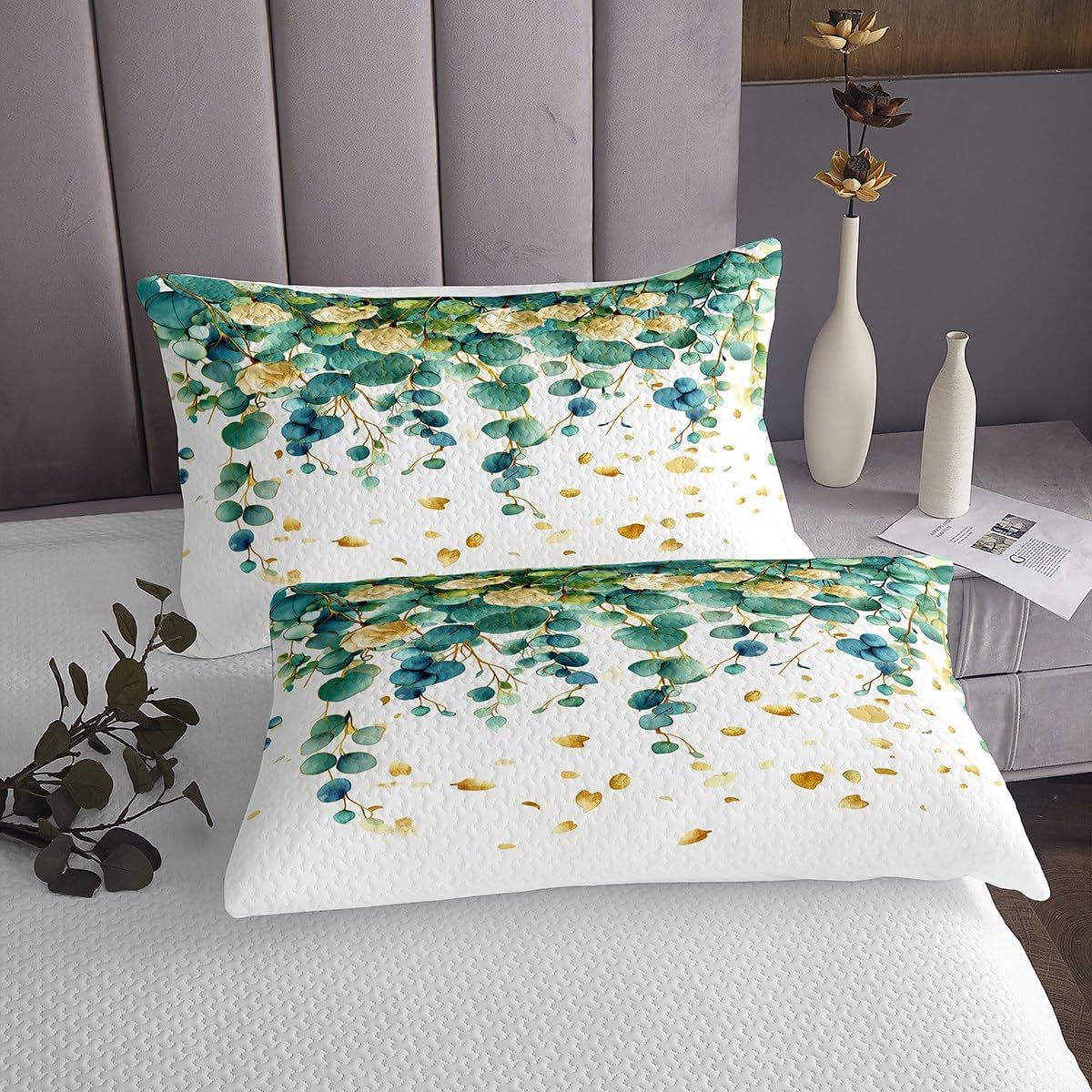 Erosebridal Eucalyptus Leaf Queen Size Quilt Set,Green Leaves Botanical Plant Bedspread Sets Spring Nature Leaves Coverlet Sets Golden Vintage Flower Summer Cozy Bed Set for Kids Teen Adults