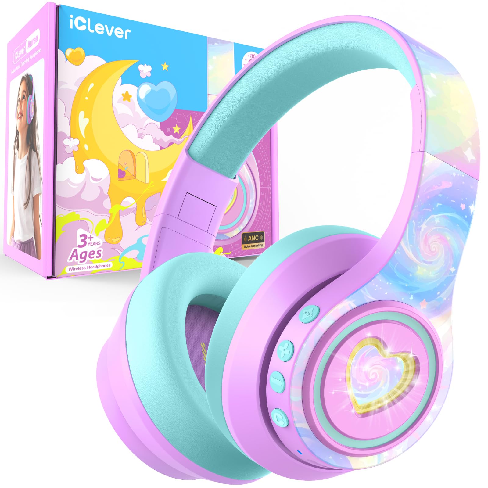 iClever Noise Cancelling Headphones for Kids, LED Light Up, Bluetooth 6.0 | SafeSound Tech 3.1 for Study Travel, 47H PlayTime, Fast Charging, Kids Headphones Wireless with Mic AUX Cord for iPad, Purple