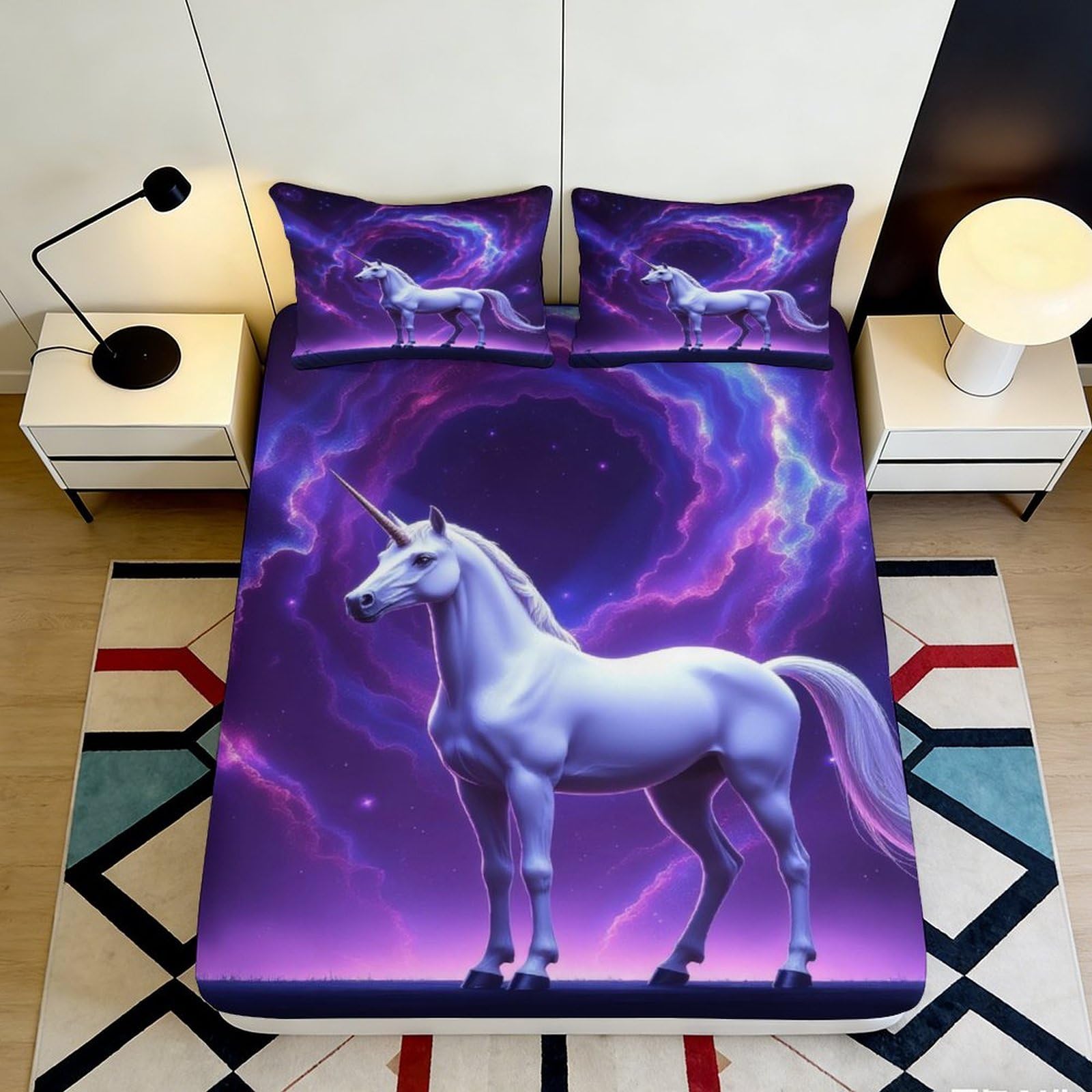3D Printed Fantasy Unicorn Fitted Sheet Microfiber Non-Slip Deep Pocket Unicorn Mattress Fitted Cover for Adult Teen Bedroom 90x200x25cm
