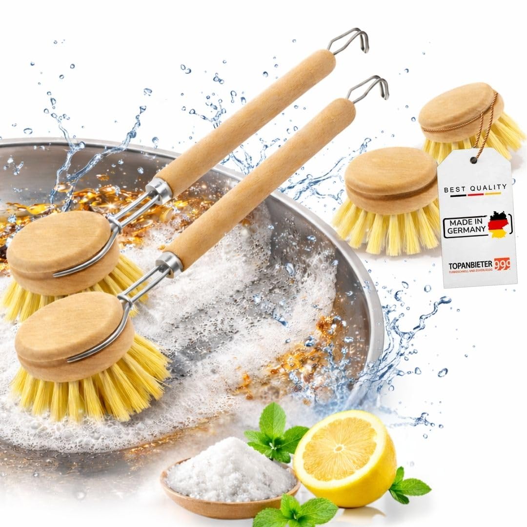 Cepillo de madera para platos con cabezal intercambiable, juego de 4, 2 cabezales de repuesto de cerdas naturales, cepillo sostenible para platos y cepillo de lavado, cepillo de cocina de madera