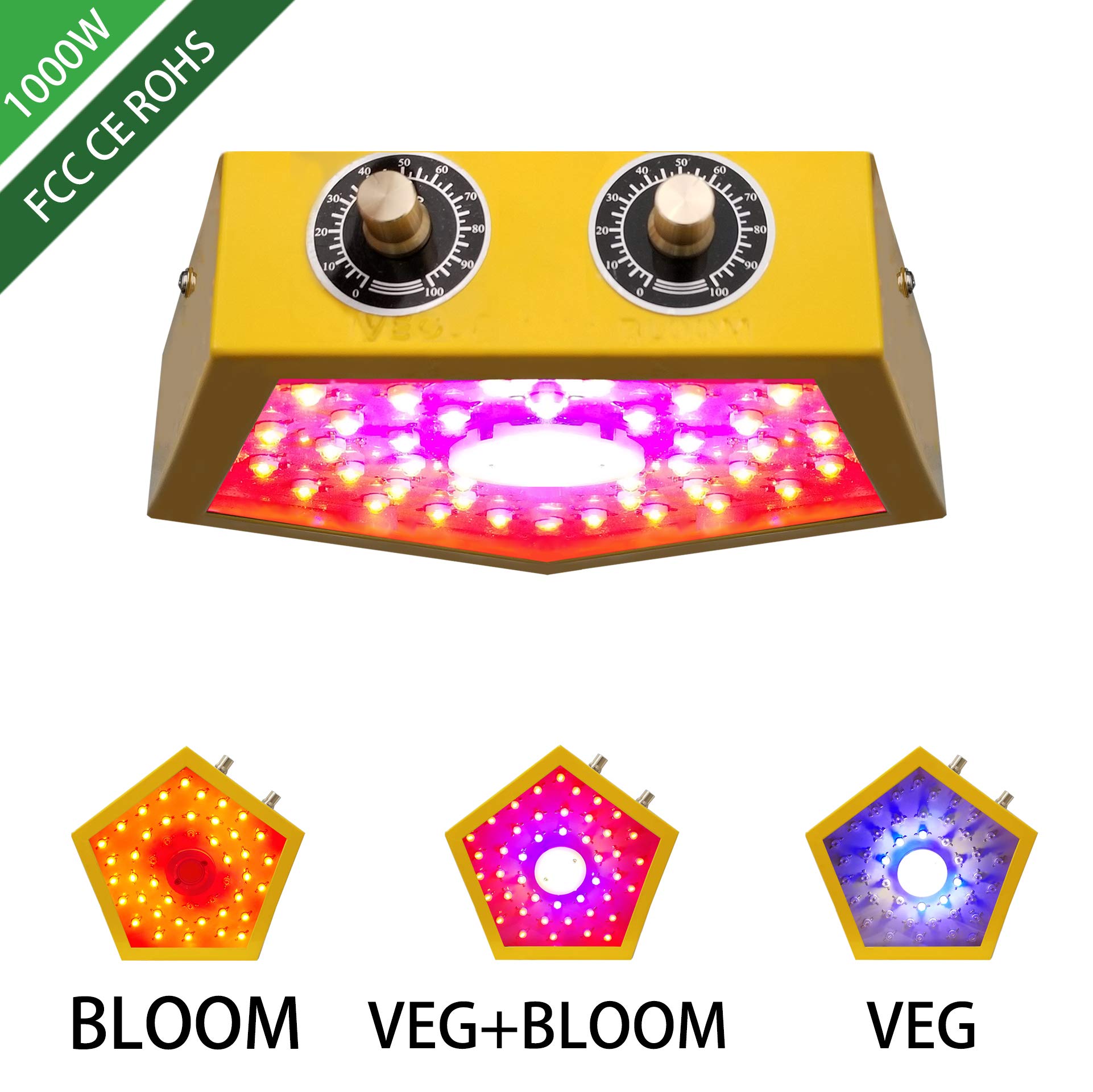 BaronHong 1000W Pentagon LED Grow Light Full Spectrum, Plant LED Lamp Grow Strip with UV and IR, Grow Lamp for Indoor Hydroponics Plants Veg Flowers (yellow, M)