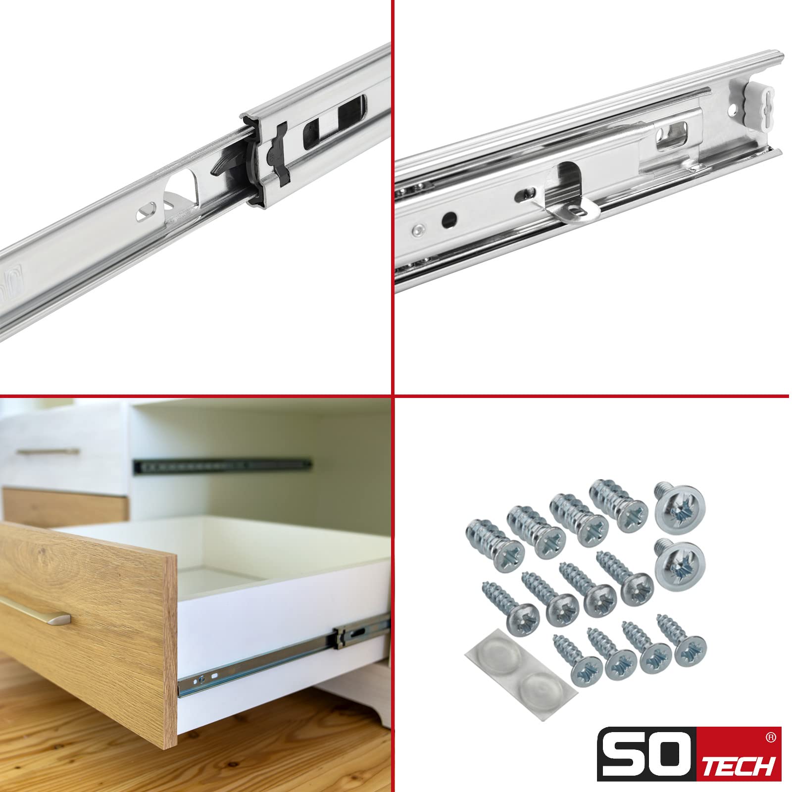SOTECH 4 pares de guías de extracción total KV4-45-H45-L500-NF-MS 500 mm con escuadra de apoyo, carga máx. 45 kg, extensión del cajón incl. juego de tornillos