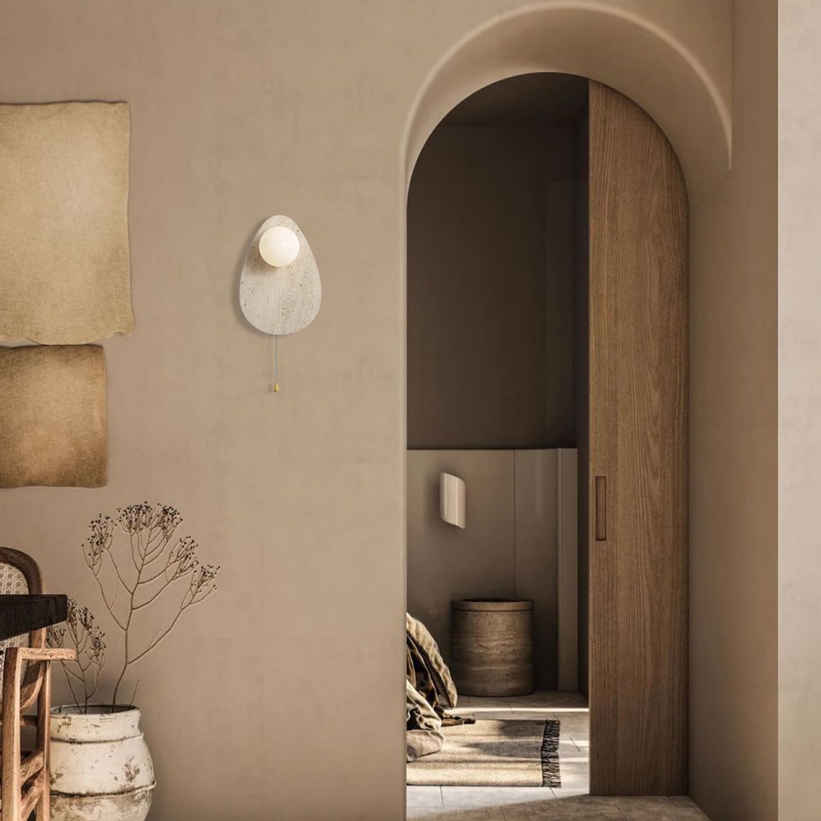 Kinkiet z kamienia w stylu wabi-sabi, oświetlenie ścienne z naturalnego marmuru nordyckiego z włącznikiem pociąganym, mlecznobiały szklany kinkiet w kształcie kuli, żółta lampa ścienna