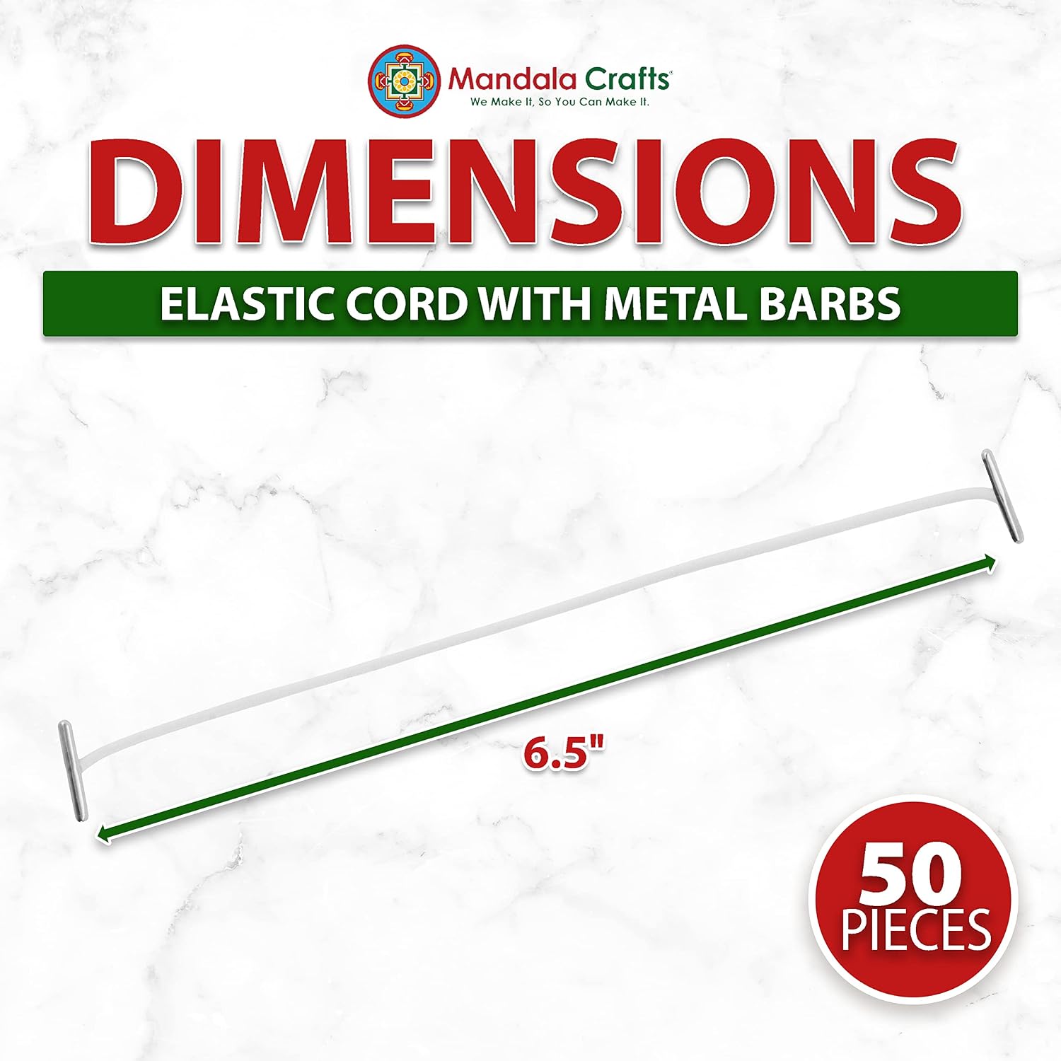 Mandala Crafts White Elastic Barbed Cord Stretch Loop Band with Metal Ends - 6.5 Inch 50 Elastic Cord with Metal Barbs for Party Hat Elastic Menus Badges Signs